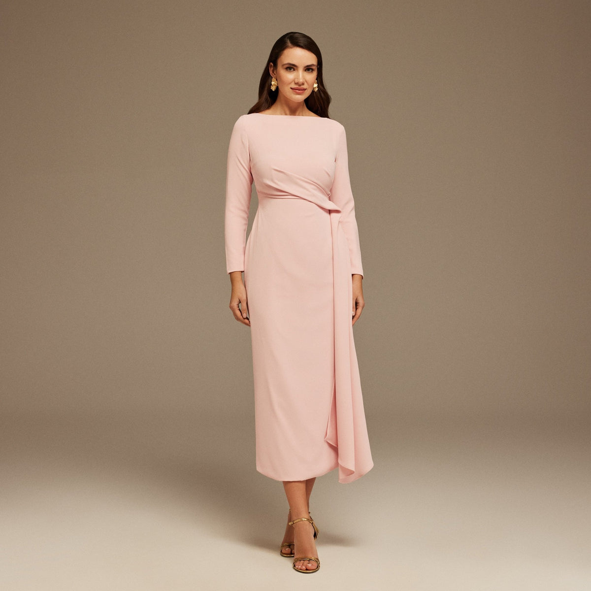 Pink Draped Midi Dress with Long Sleeves – shopaleena