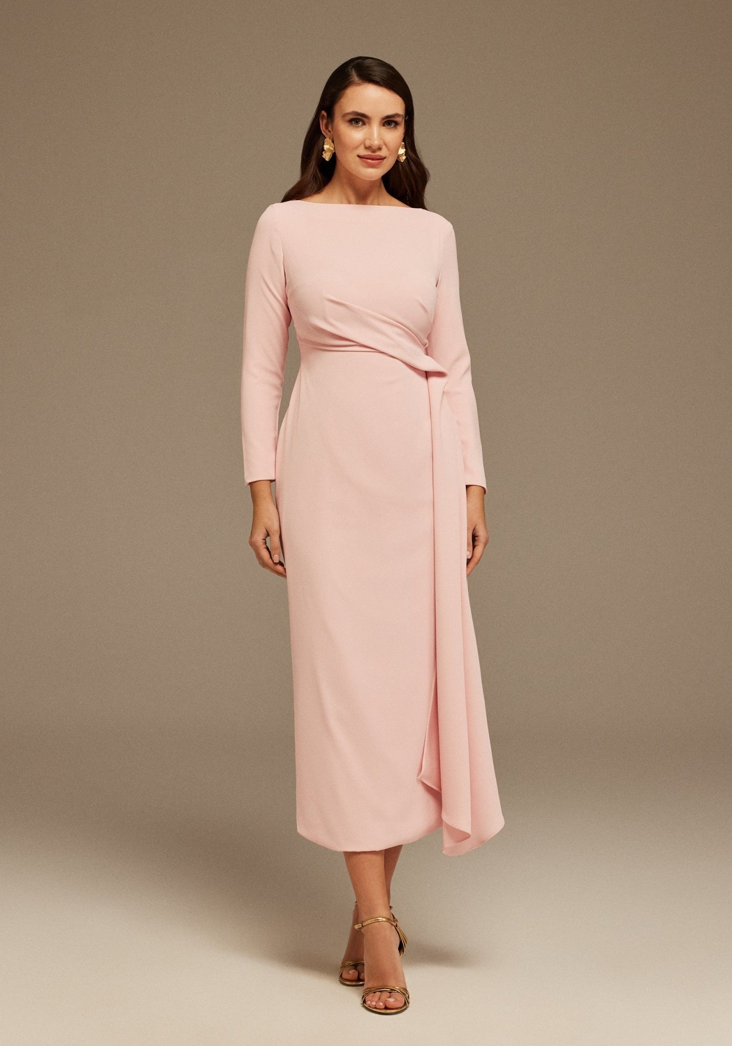 Draped Midi Dress with Long Sleeves - shopaleena