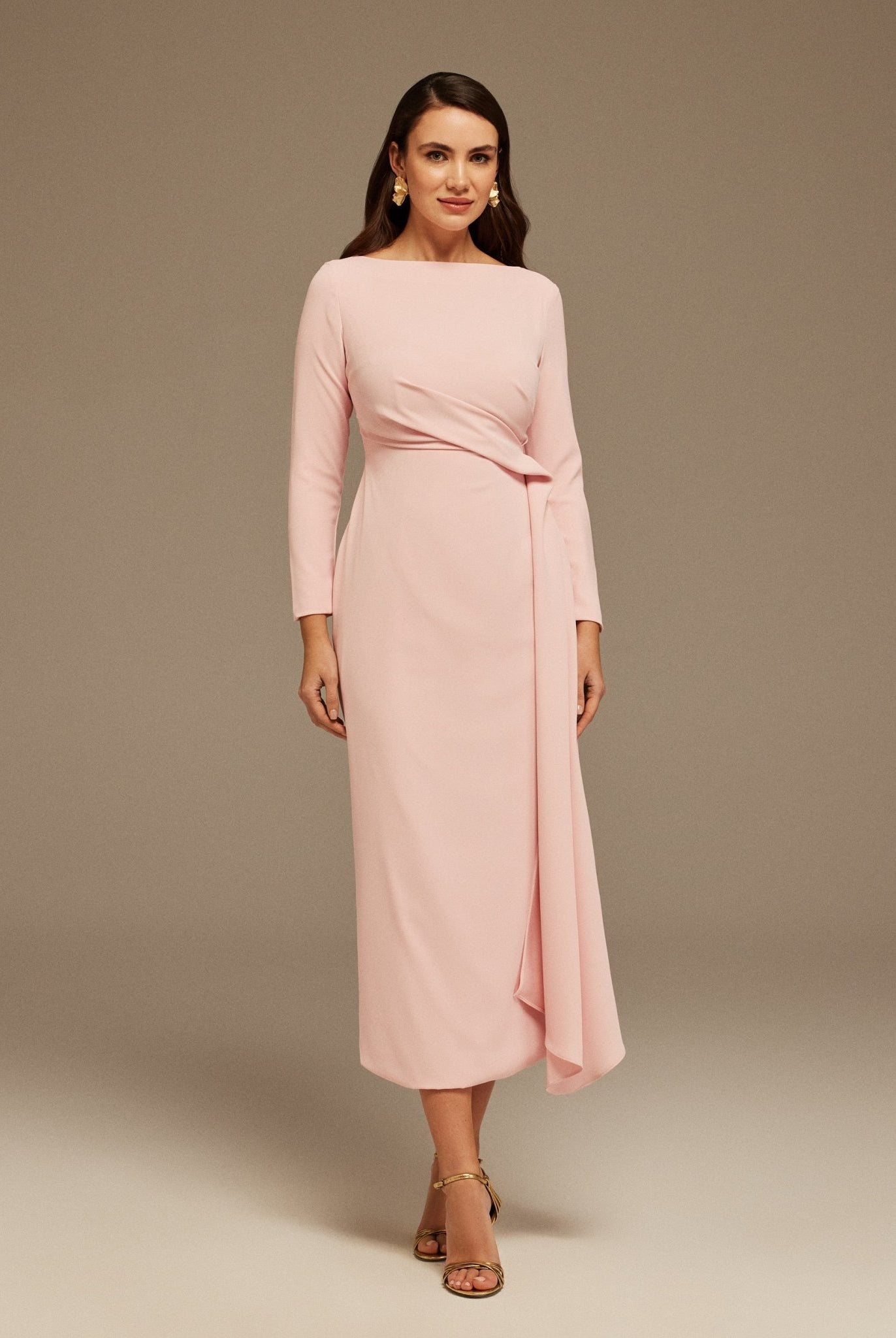 Draped Midi Dress with Long Sleeves - shopaleena