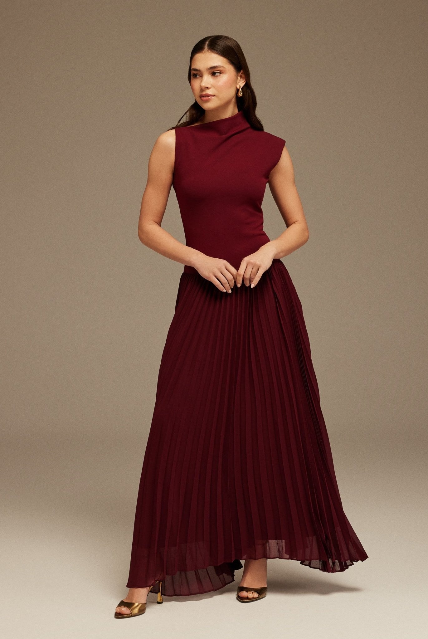 Draped Neck Pleated Skirt Maxi Dress - shopaleena