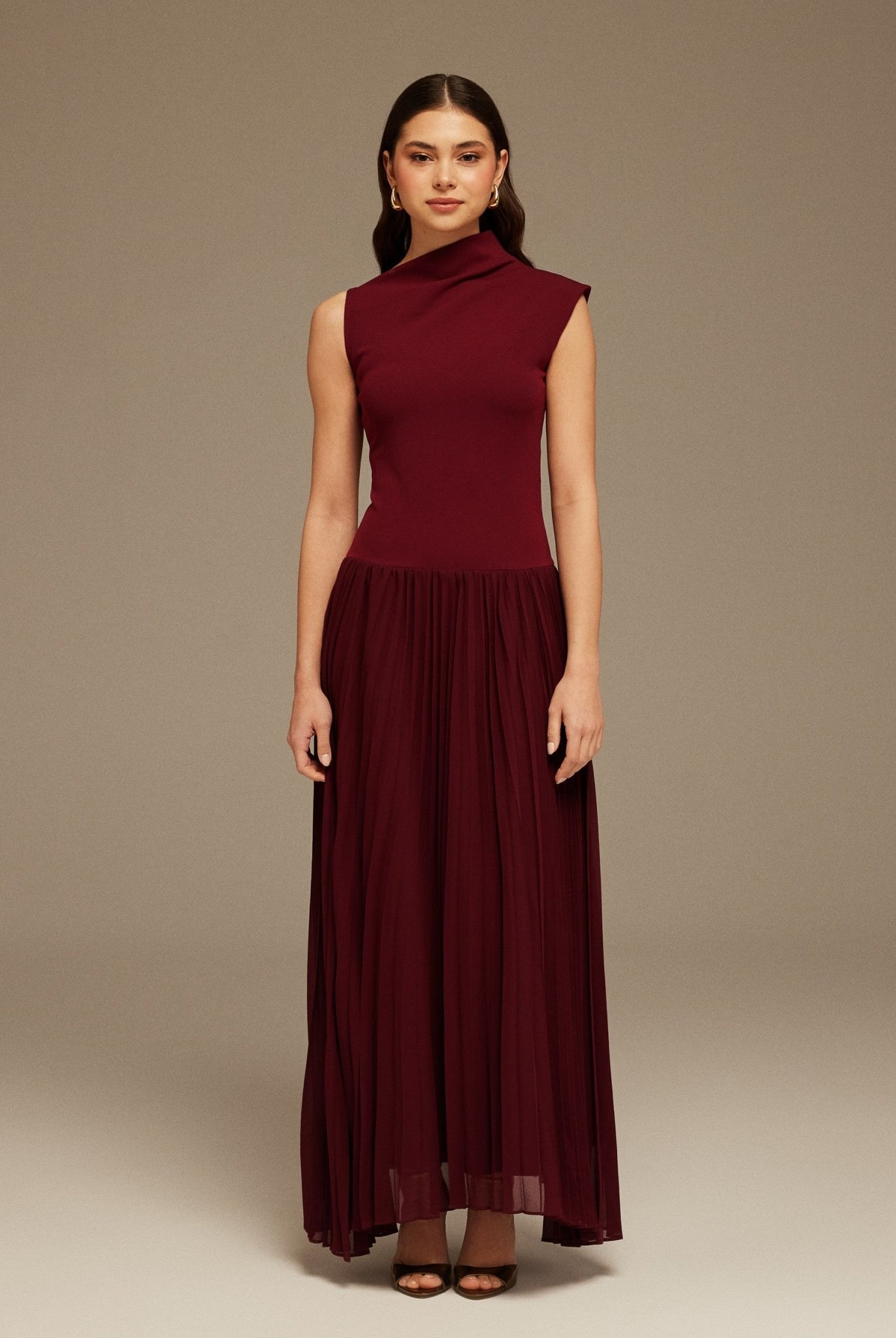 Draped Neck Pleated Skirt Maxi Dress - shopaleena