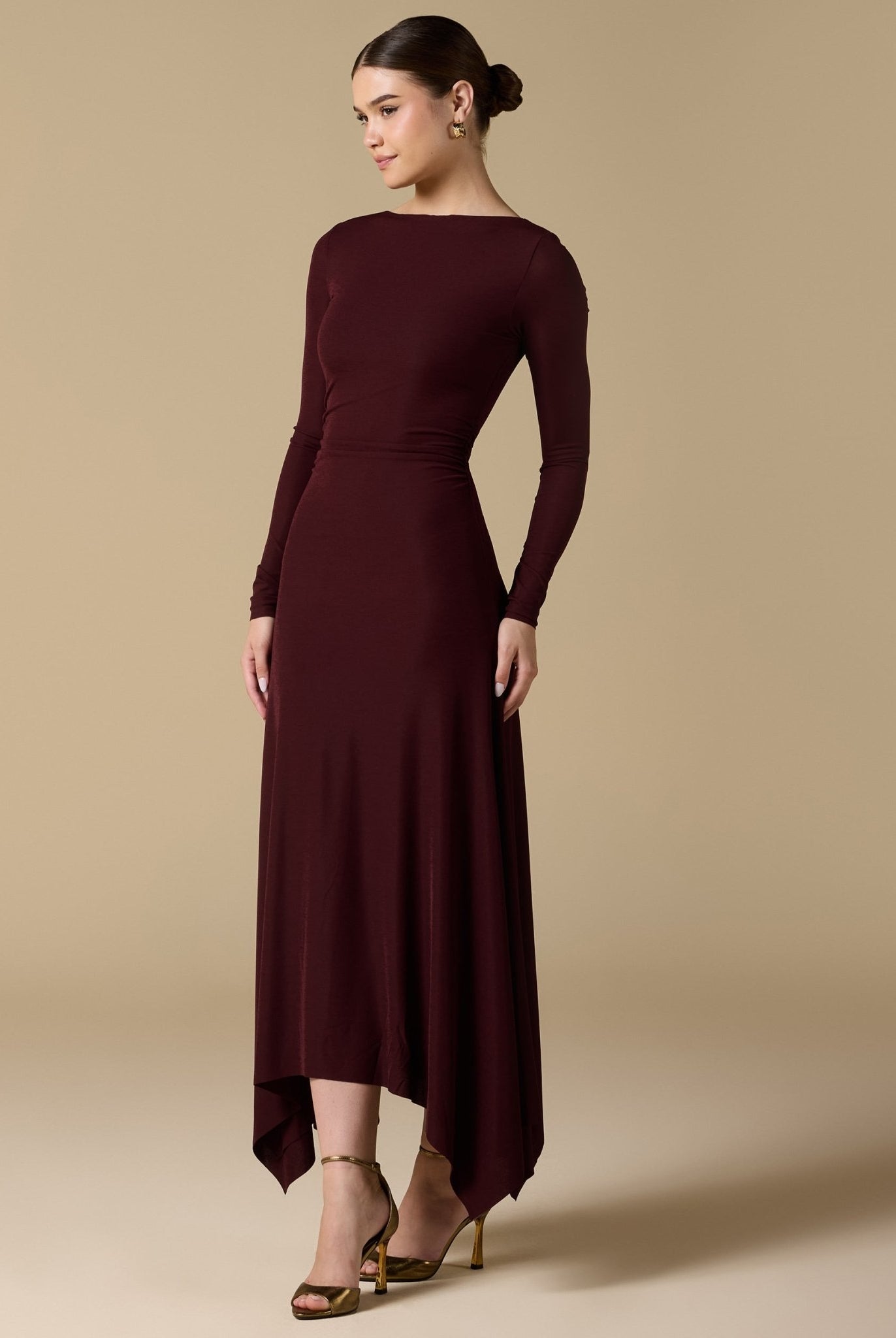 Draped Neck Slim - Fit Midi Dress in Jersey - shopaleena