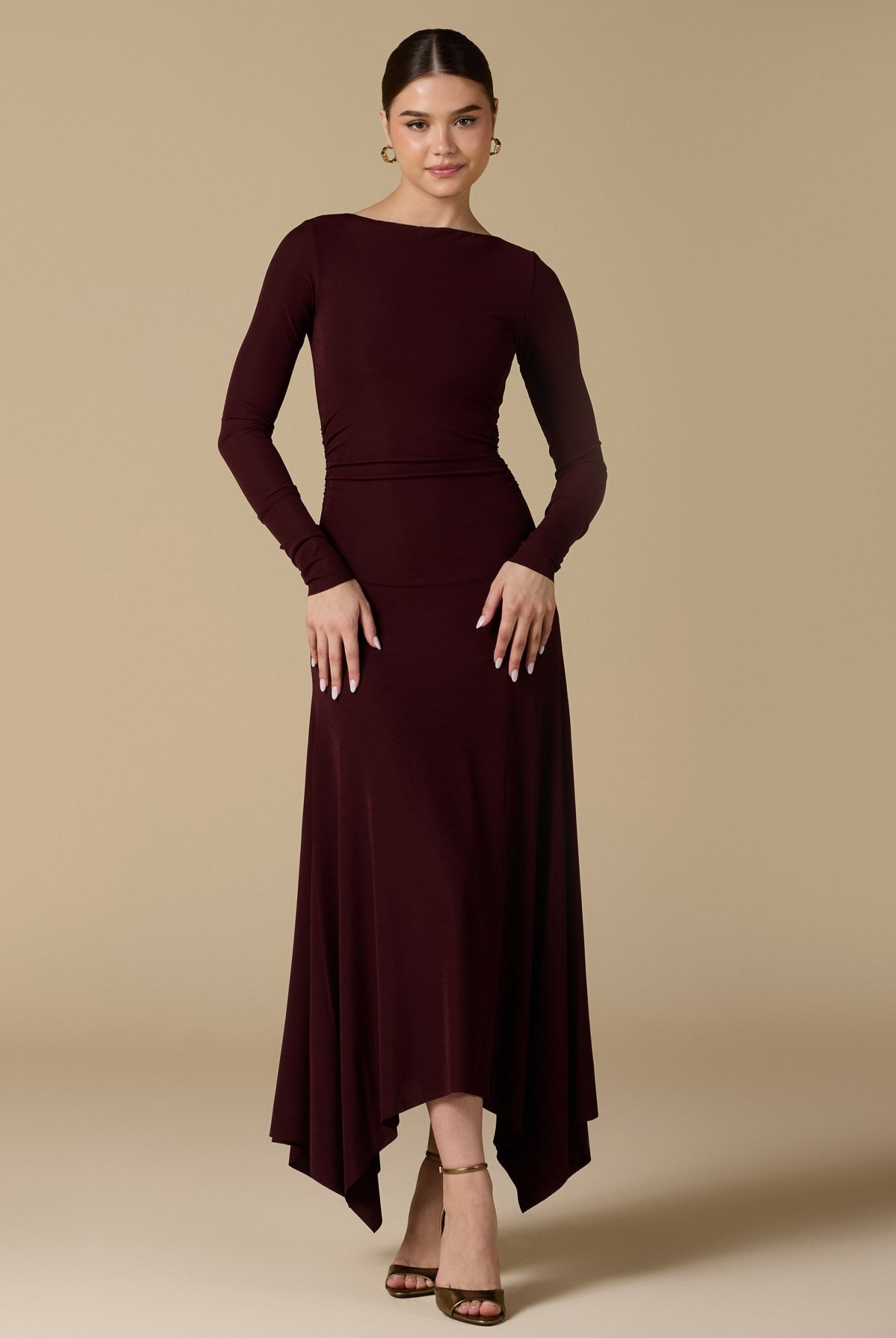 Draped Neck Slim - Fit Midi Dress in Jersey - shopaleena