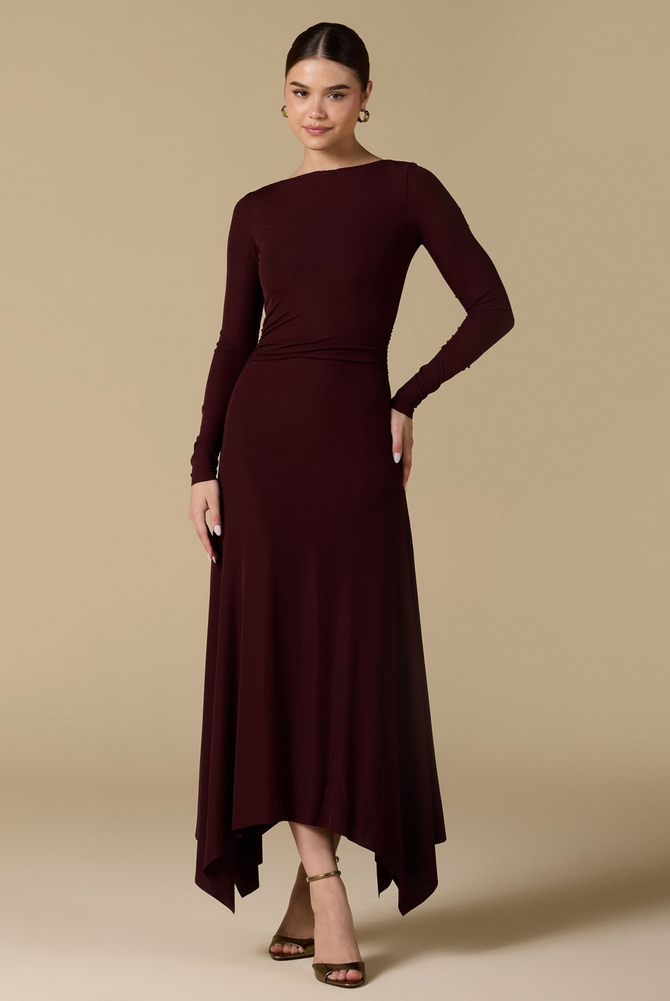 Draped Neck Slim - Fit Midi Dress in Jersey - shopaleena
