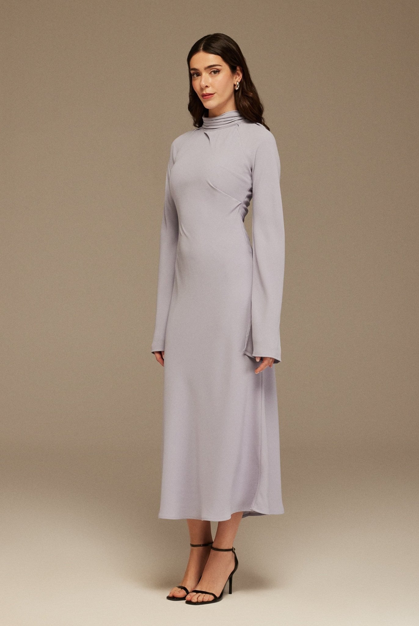 Draped Neckline Long Sleeve Crepe Midi Dress - shopaleena