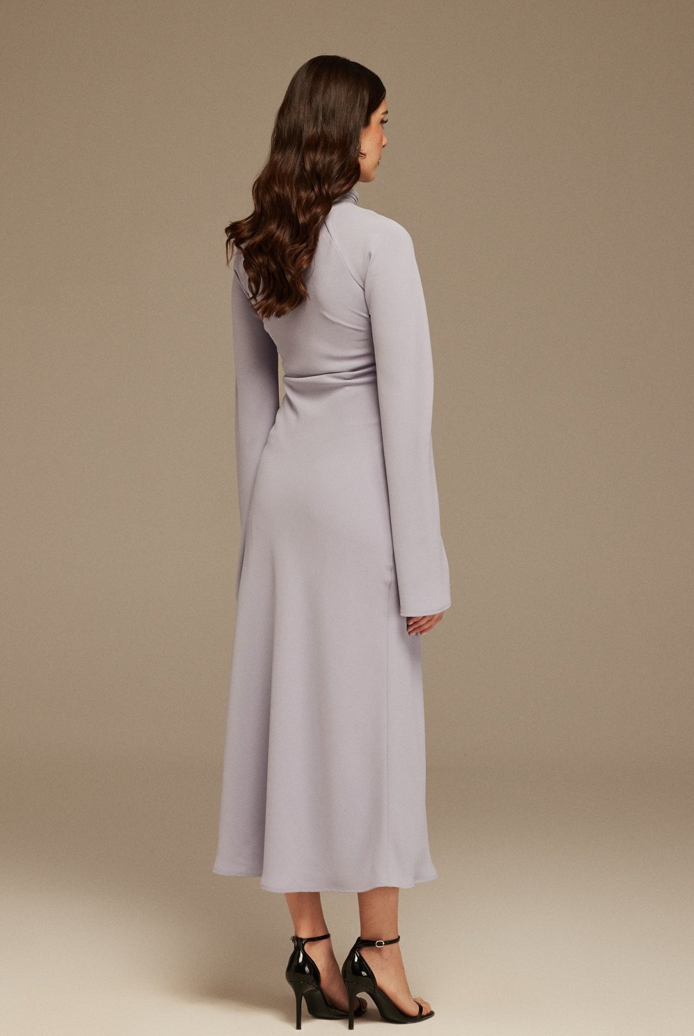 Draped Neckline Long Sleeve Crepe Midi Dress - shopaleena