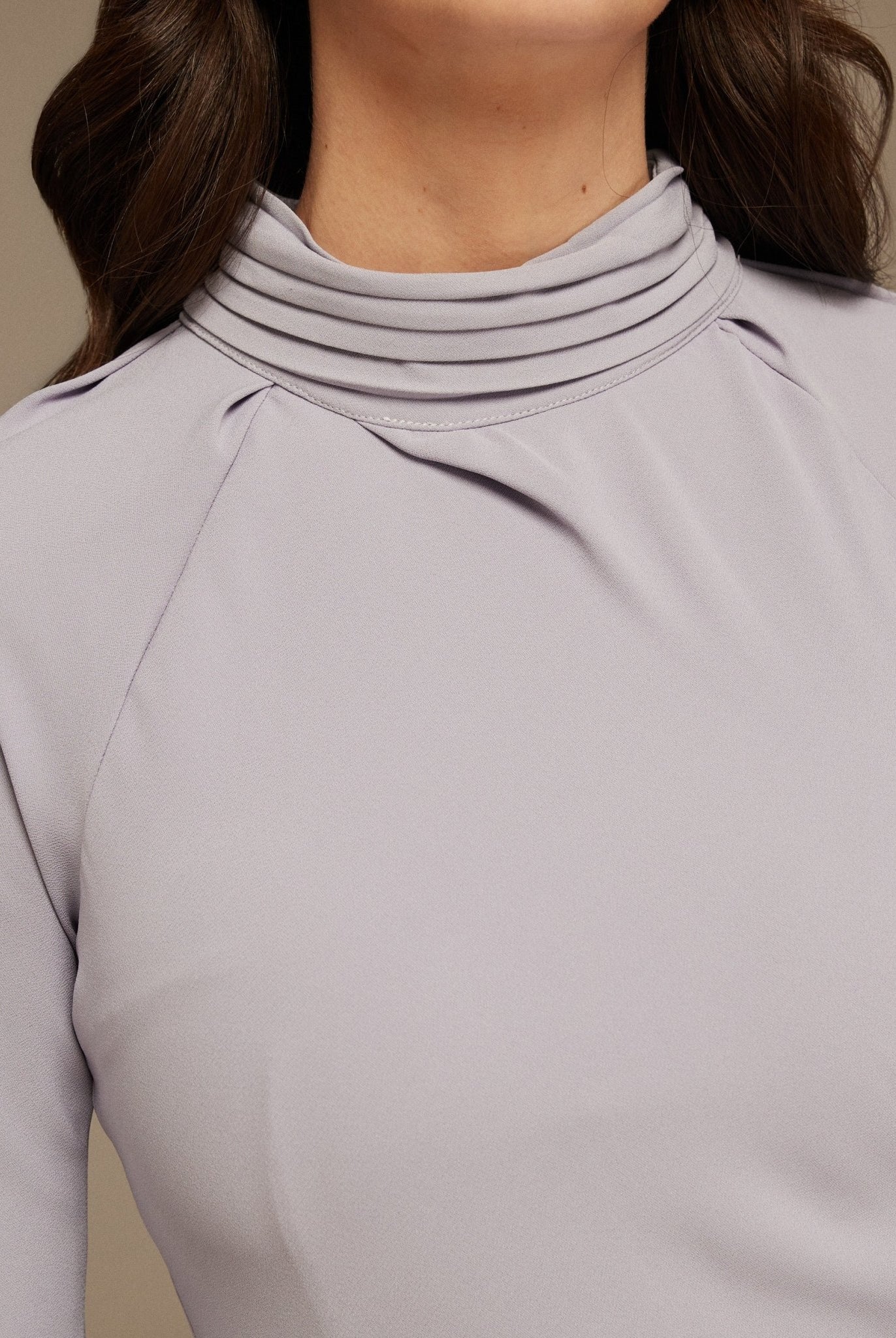 Draped Neckline Long Sleeve Crepe Midi Dress - shopaleena