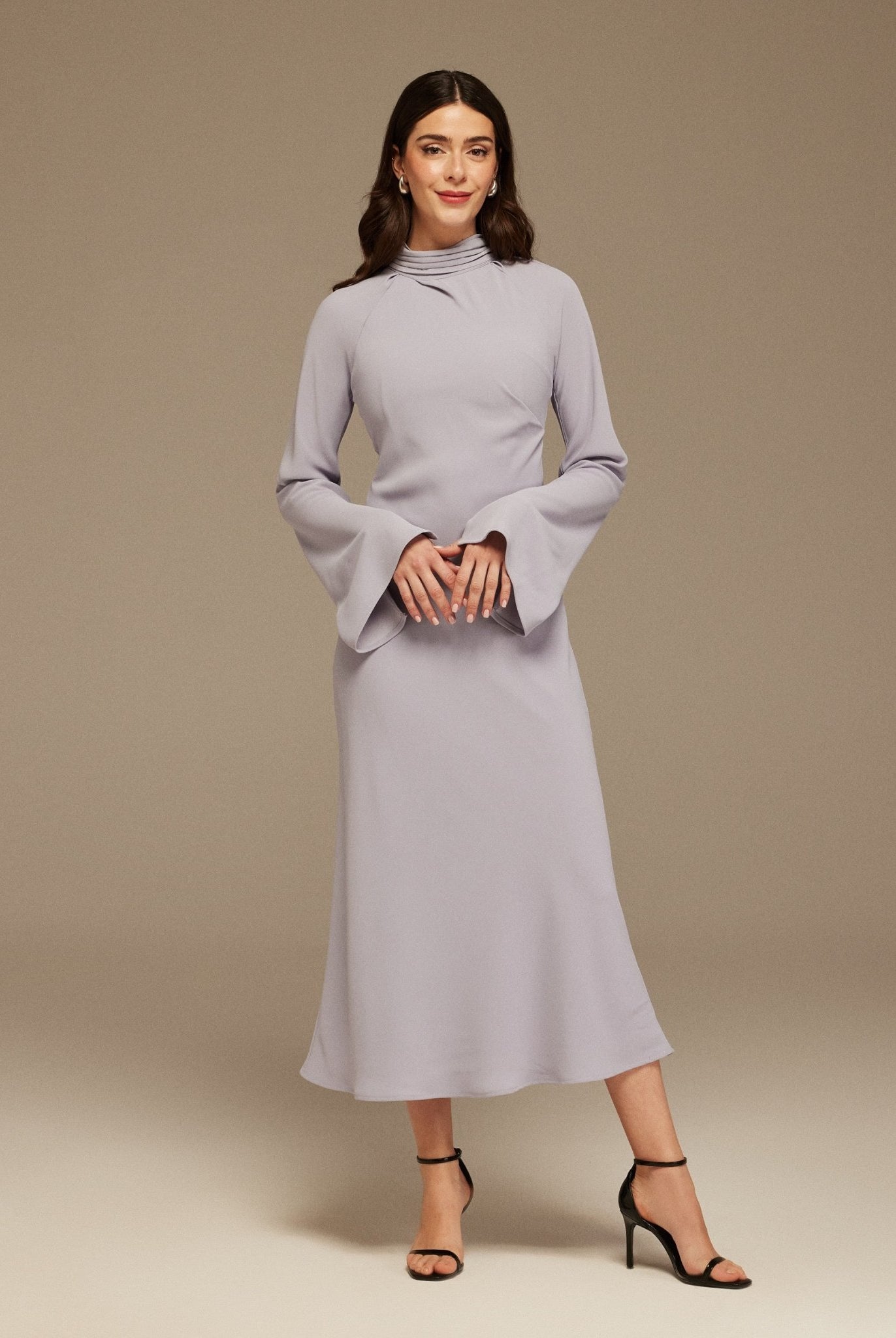 Draped Neckline Long Sleeve Crepe Midi Dress - shopaleena