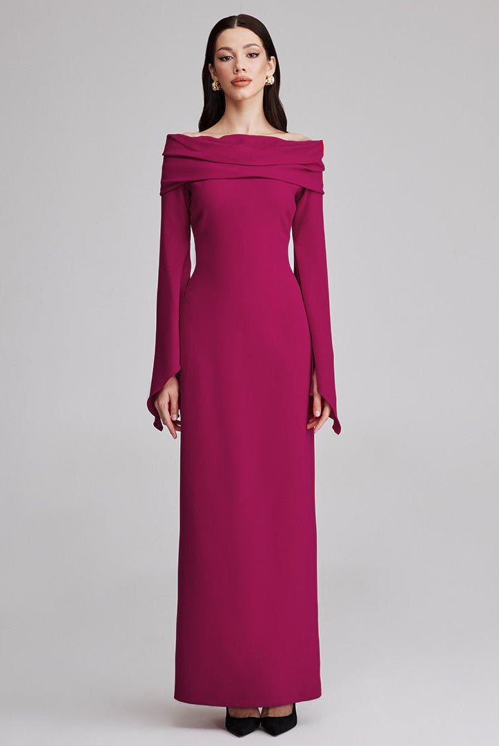 Draped off shoulder crepe Maxi dress - shopaleena
