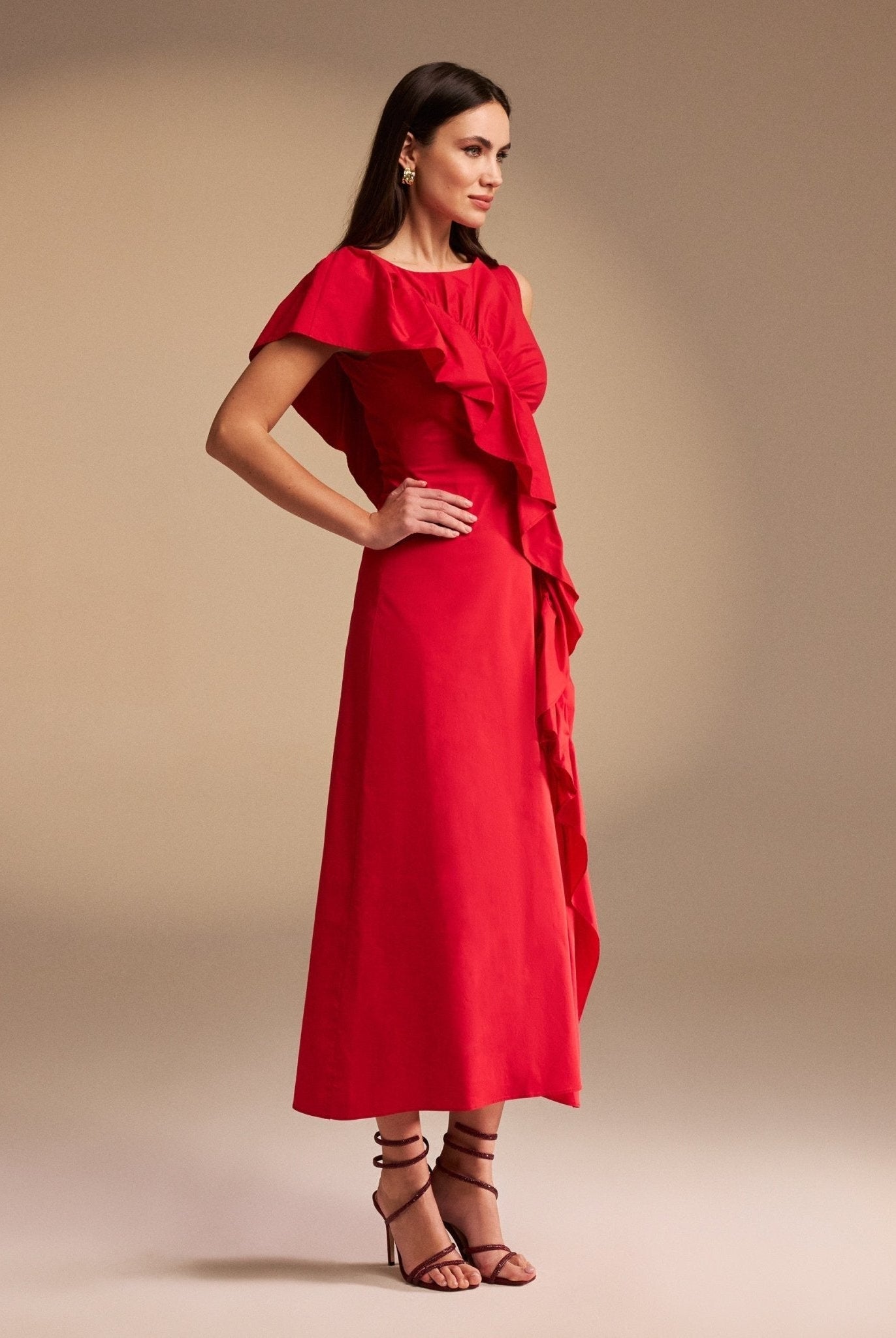 Draped Ruffle Poplin Midi Dress - shopaleena