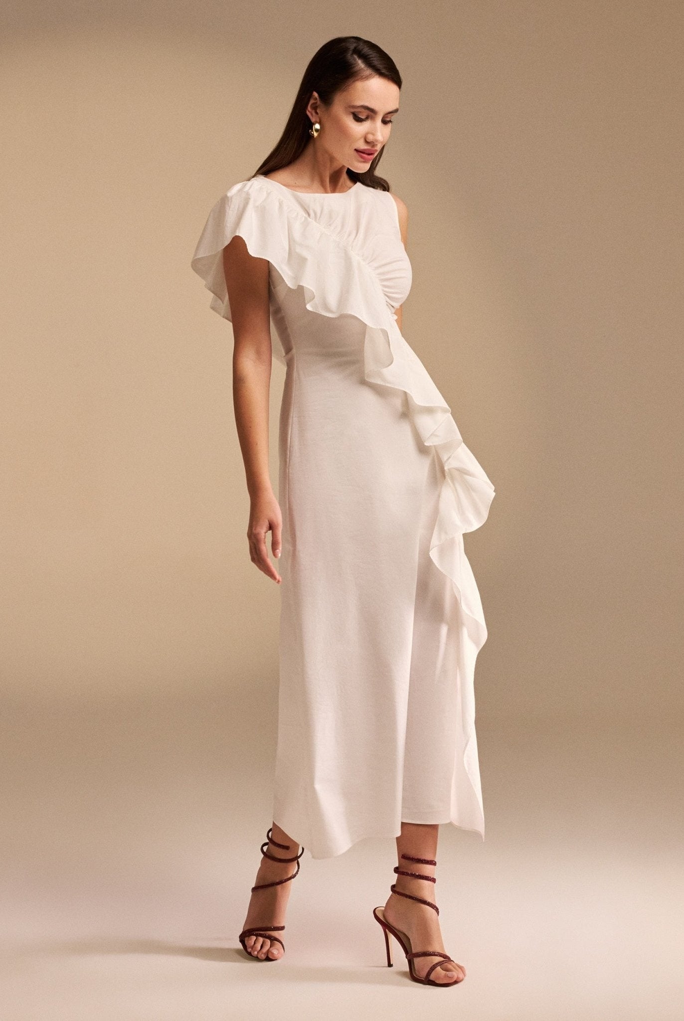 Draped Ruffle Poplin Midi Dress - shopaleena