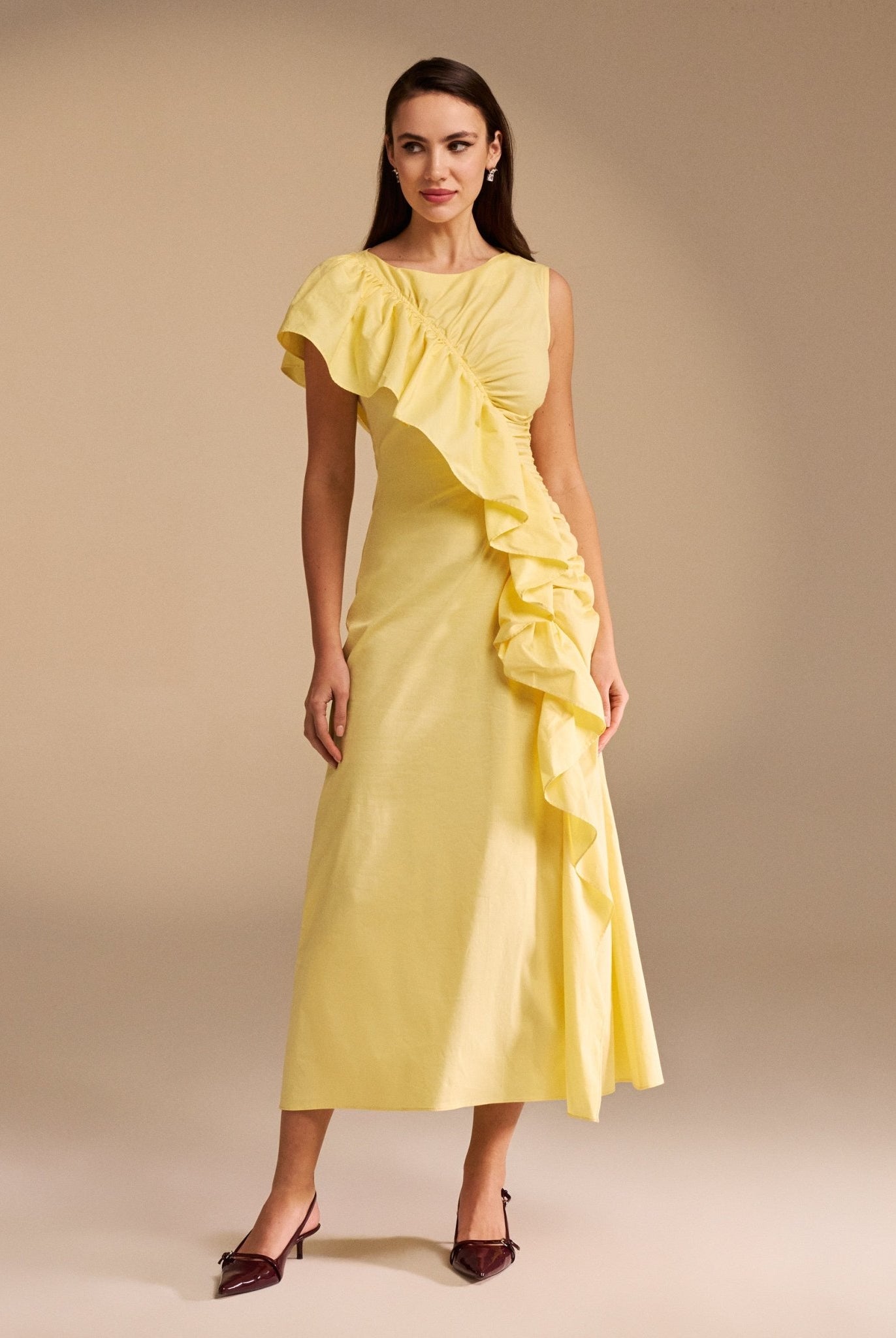 Draped Ruffle Poplin Midi Dress - shopaleena
