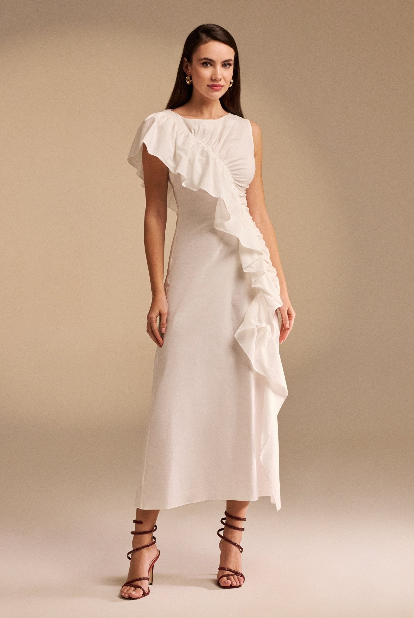Draped Ruffle Poplin Midi Dress - shopaleena