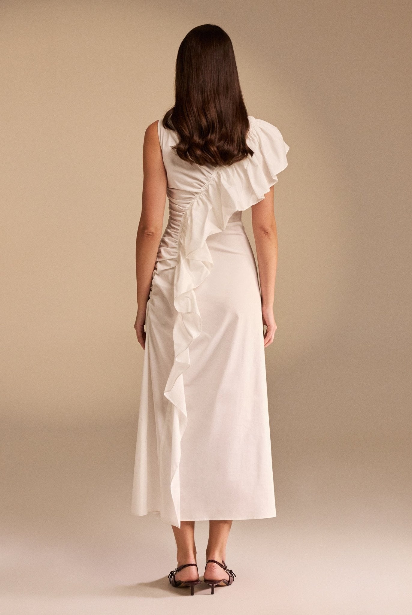 Draped Ruffle Poplin Midi Dress - shopaleena