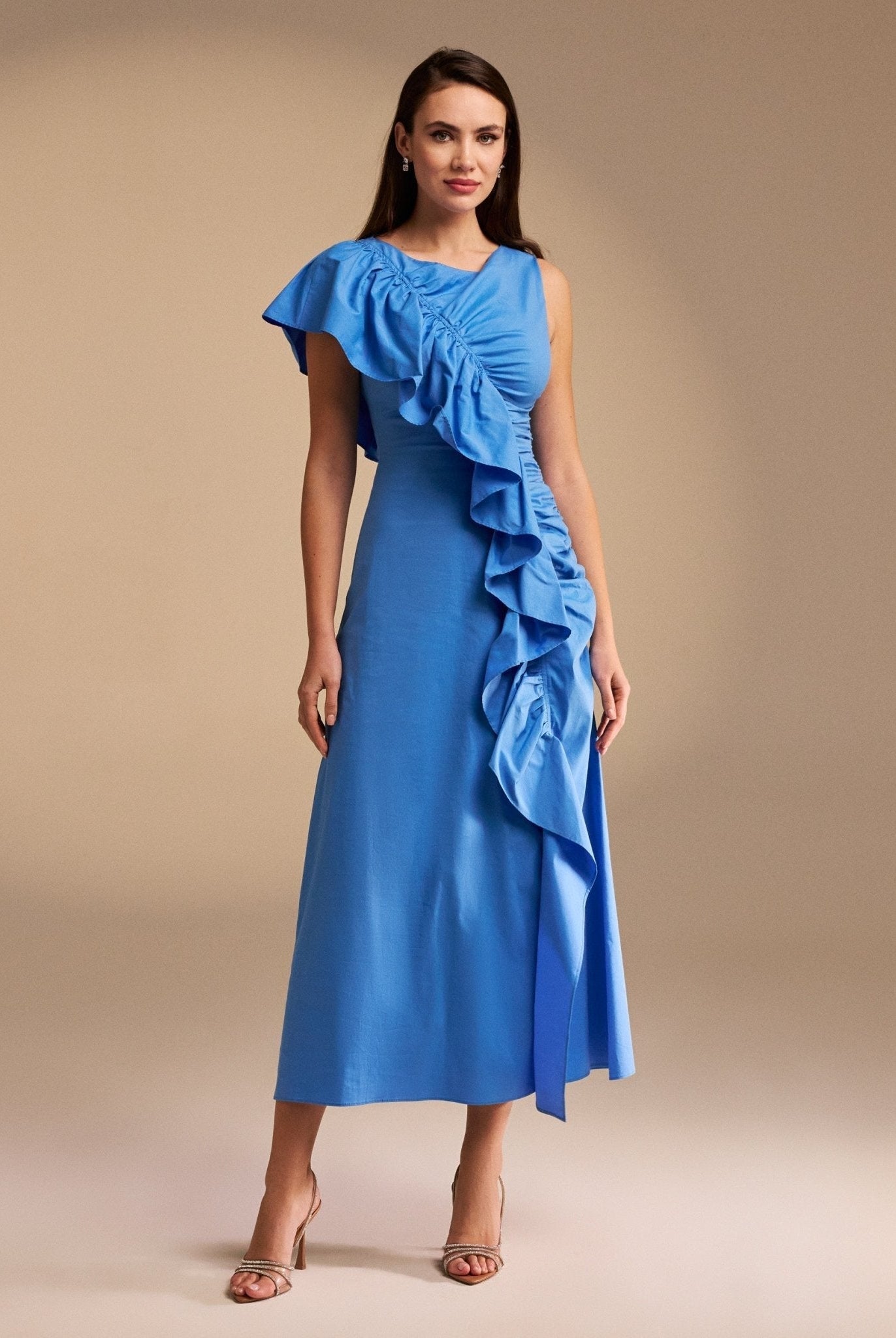Draped Ruffle Poplin Midi Dress - shopaleena