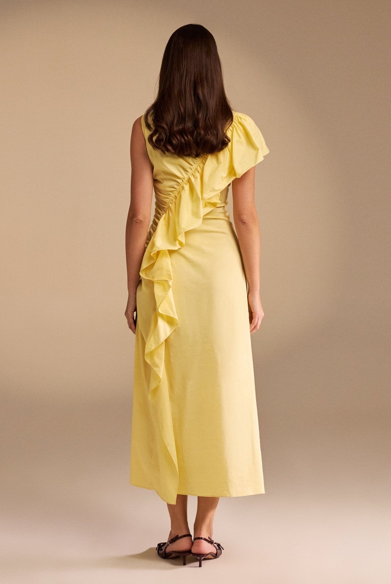 Draped Ruffle Poplin Midi Dress - shopaleena