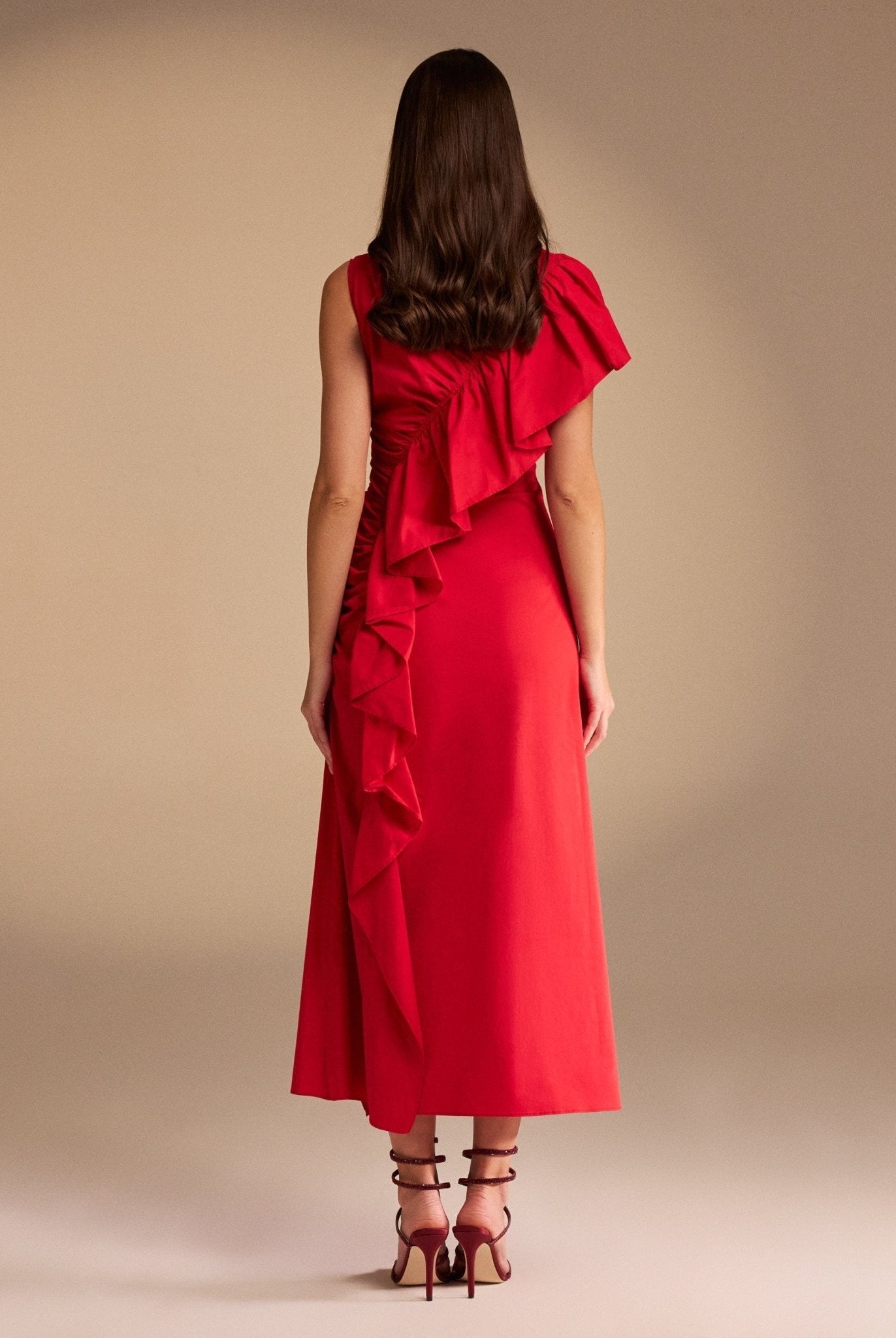 Draped Ruffle Poplin Midi Dress - shopaleena