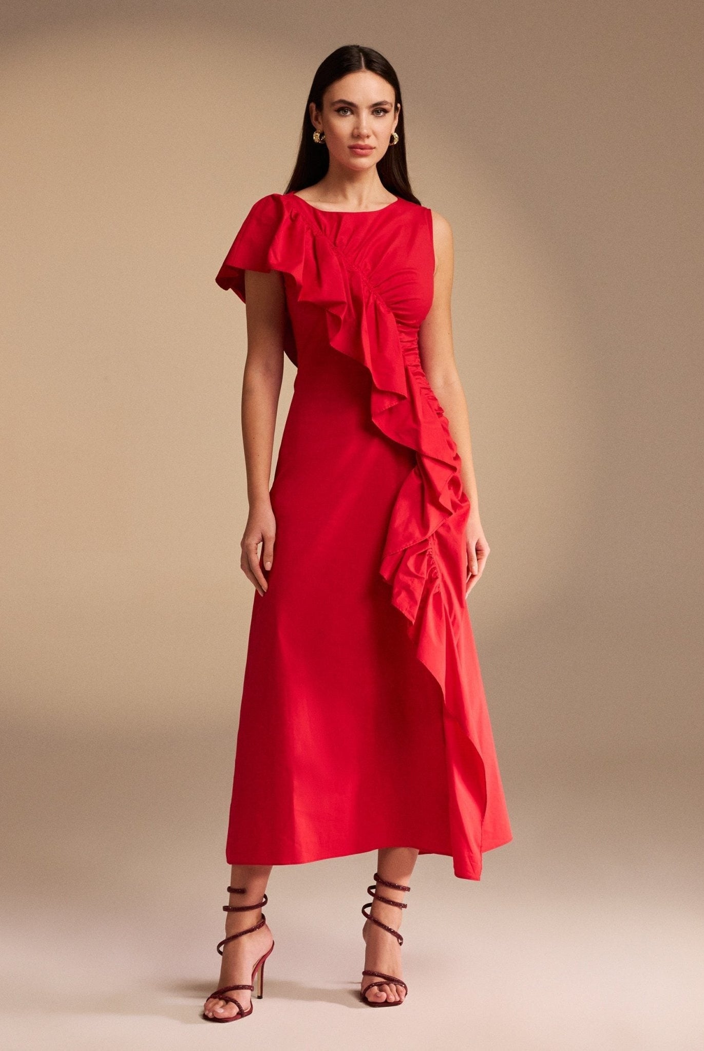 Draped Ruffle Poplin Midi Dress - shopaleena