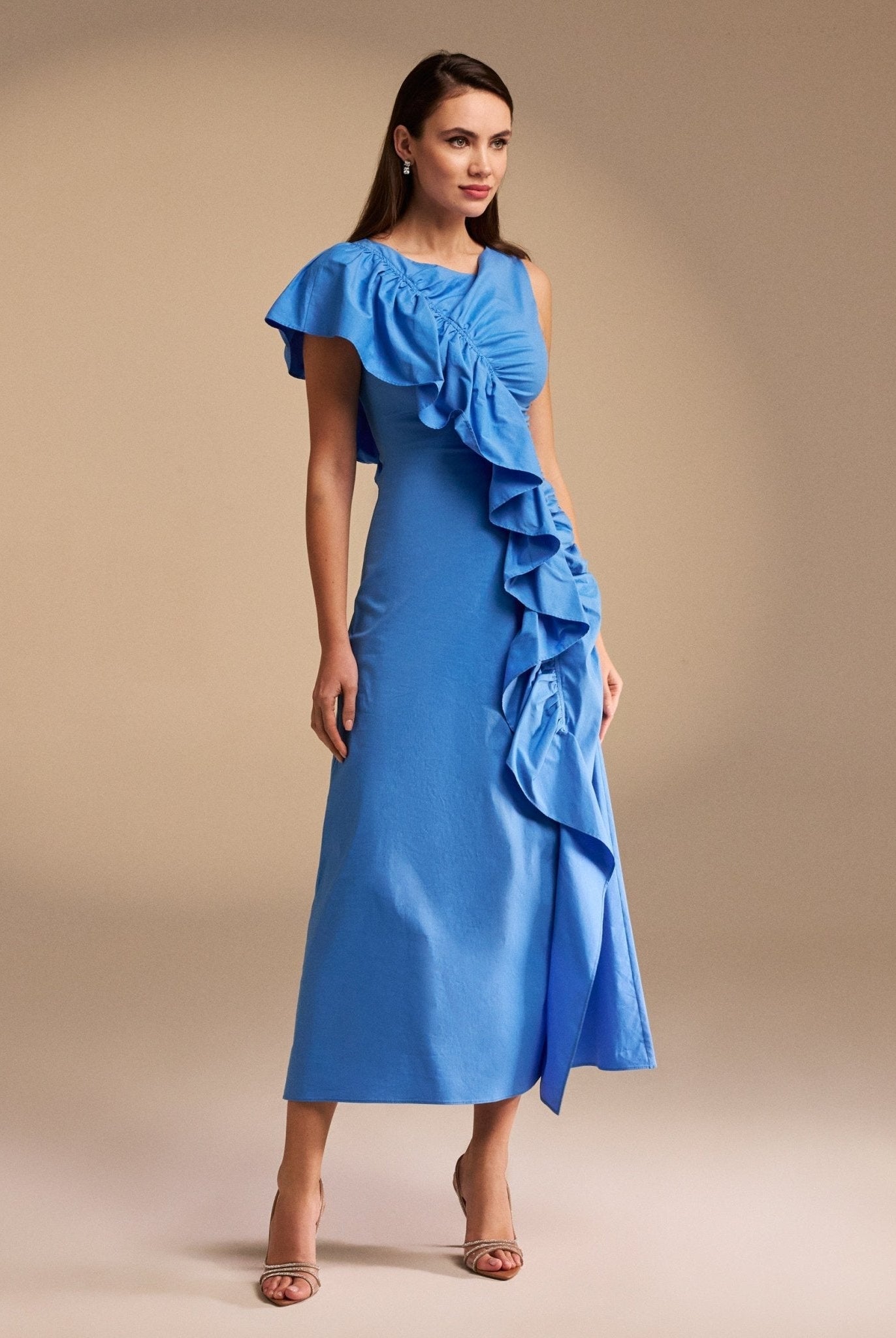 Draped Ruffle Poplin Midi Dress - shopaleena
