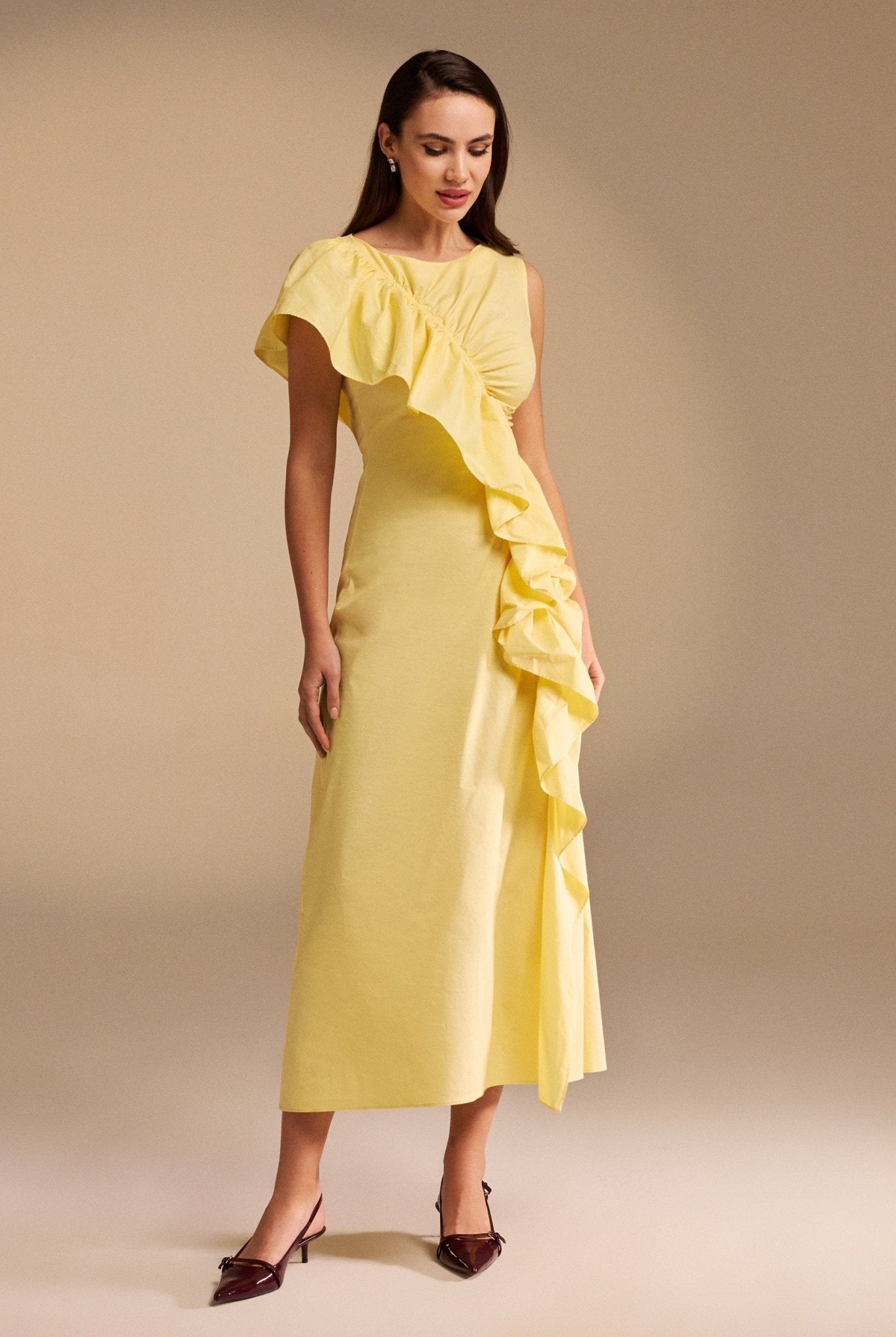 Draped Ruffle Poplin Midi Dress - shopaleena