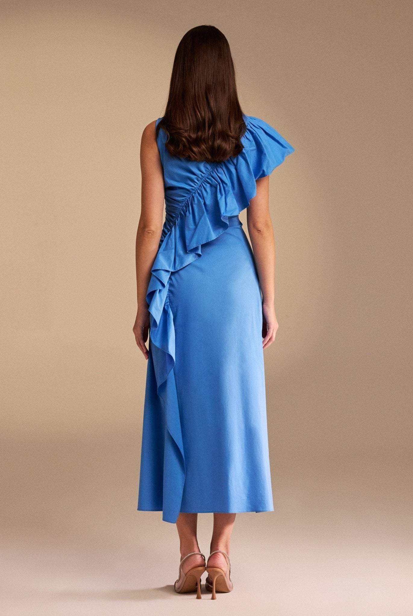 Draped Ruffle Poplin Midi Dress - shopaleena