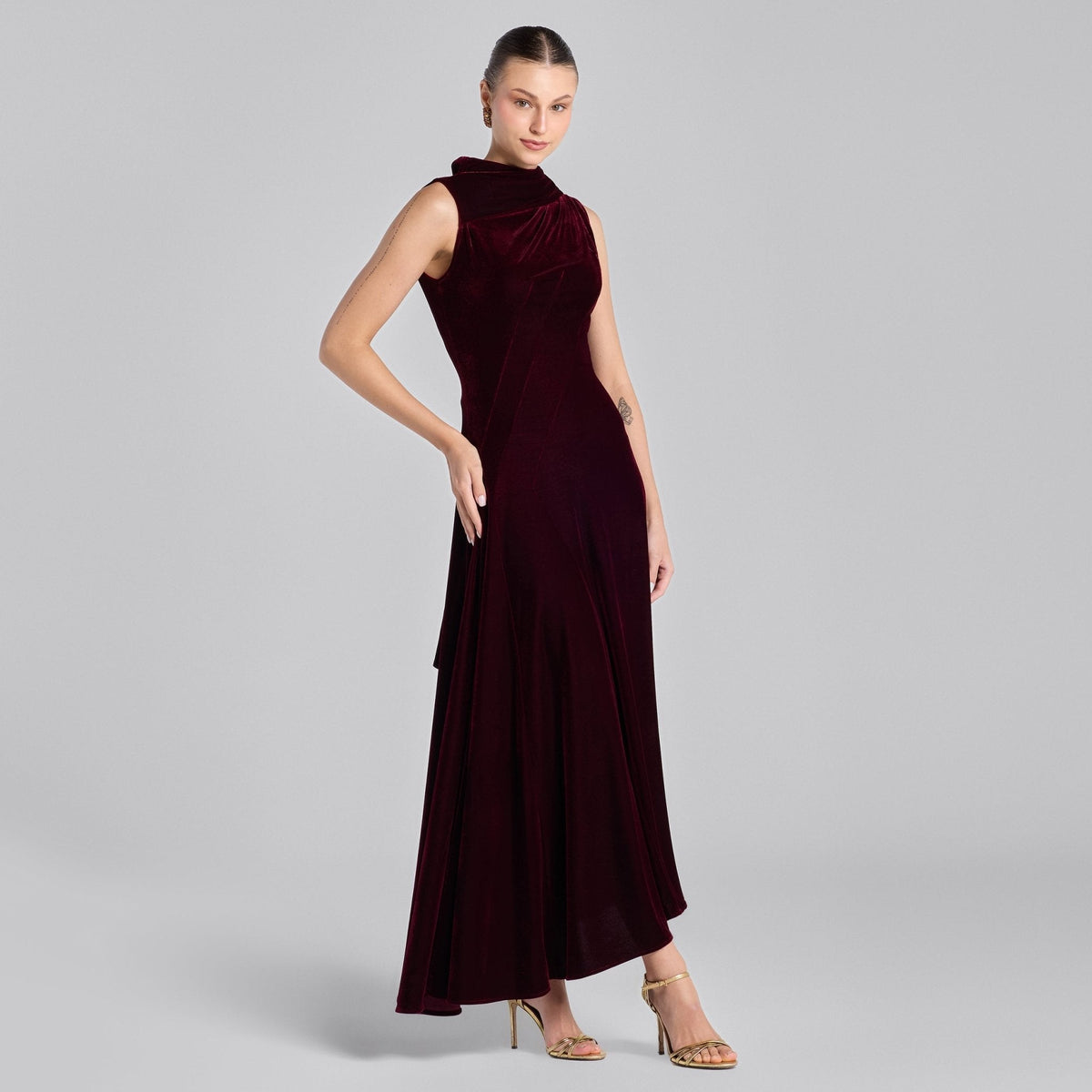 Draped Velvet Midi Dress with Back Scarf - shopaleena