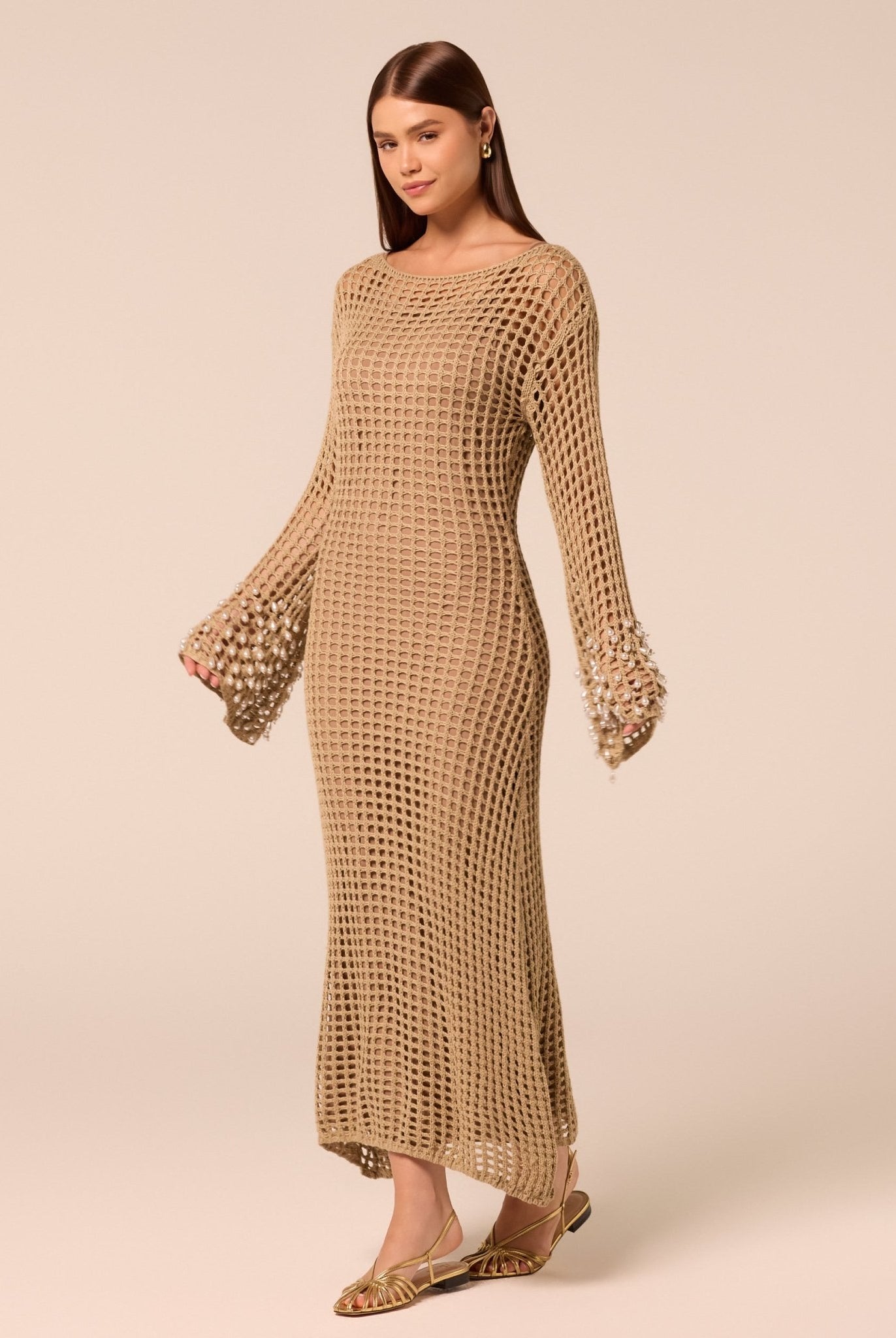 Embellished Bell Sleeve Crochet Dress - shopaleena