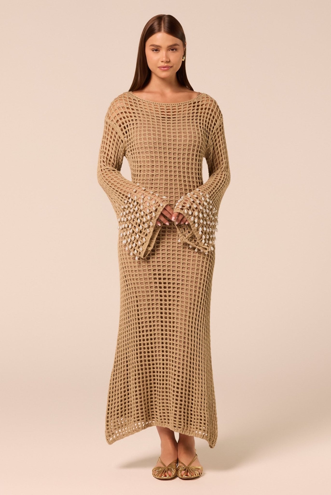Embellished Bell Sleeve Crochet Dress - shopaleena
