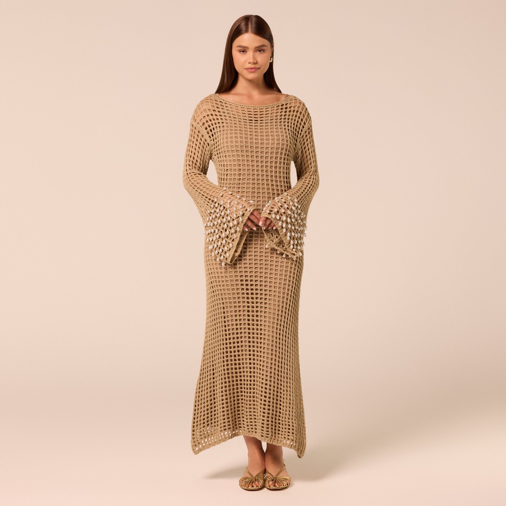Embellished Bell Sleeve Crochet Dress - shopaleena