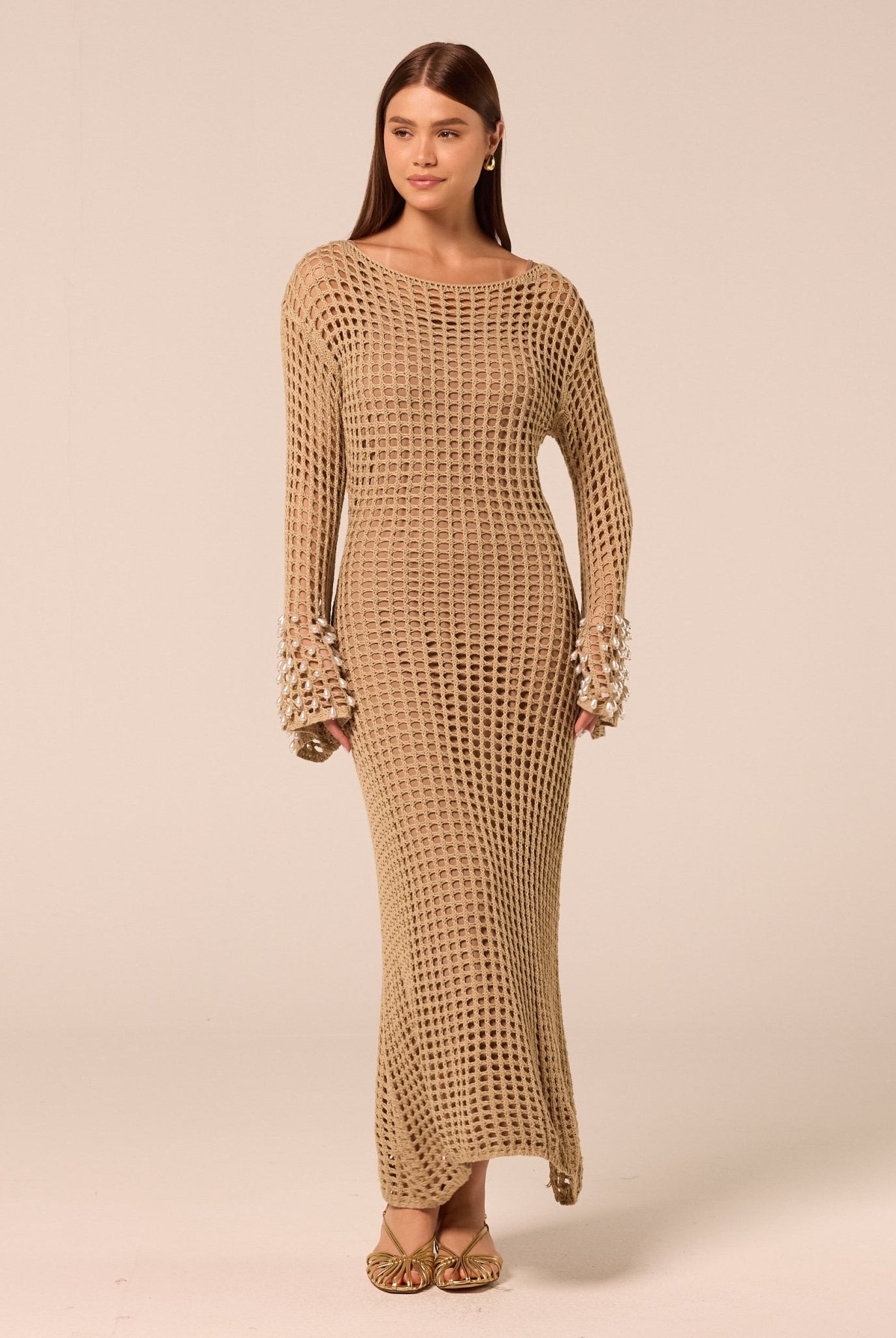 Embellished Bell Sleeve Crochet Dress - shopaleena