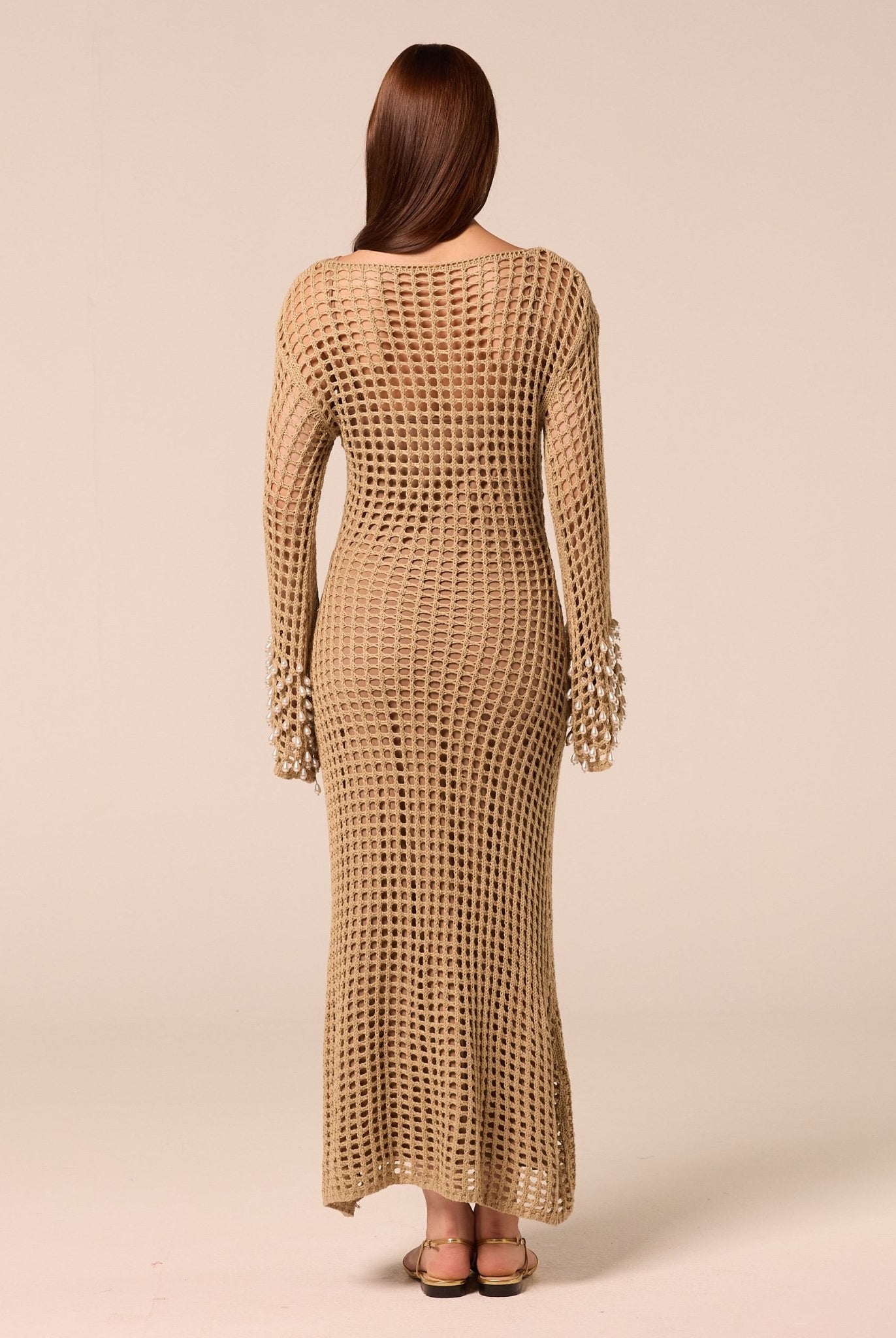 Embellished Bell Sleeve Crochet Dress - shopaleena