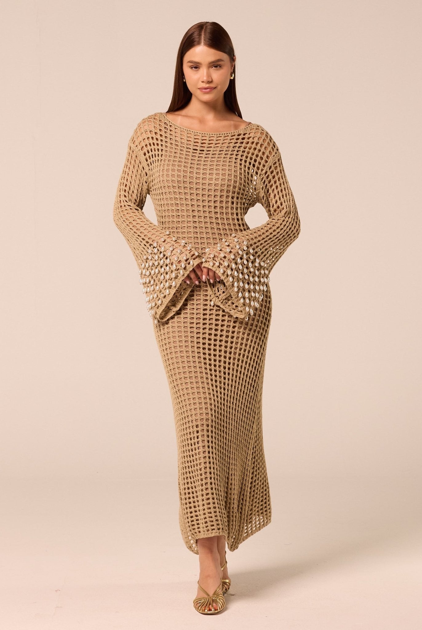 Embellished Bell Sleeve Crochet Dress - shopaleena