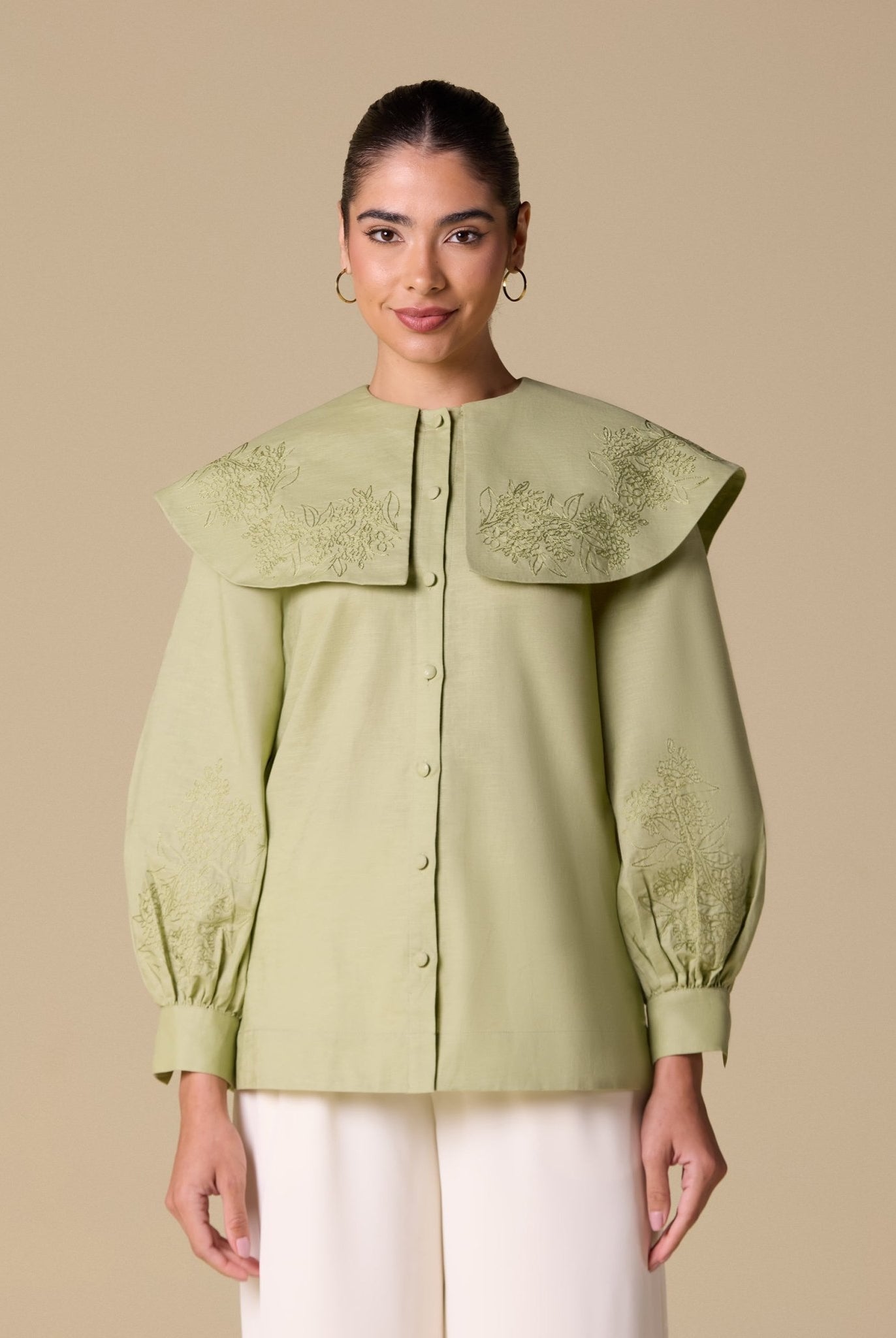 Embroidered Puff Sleeve Linen Top - shopaleena