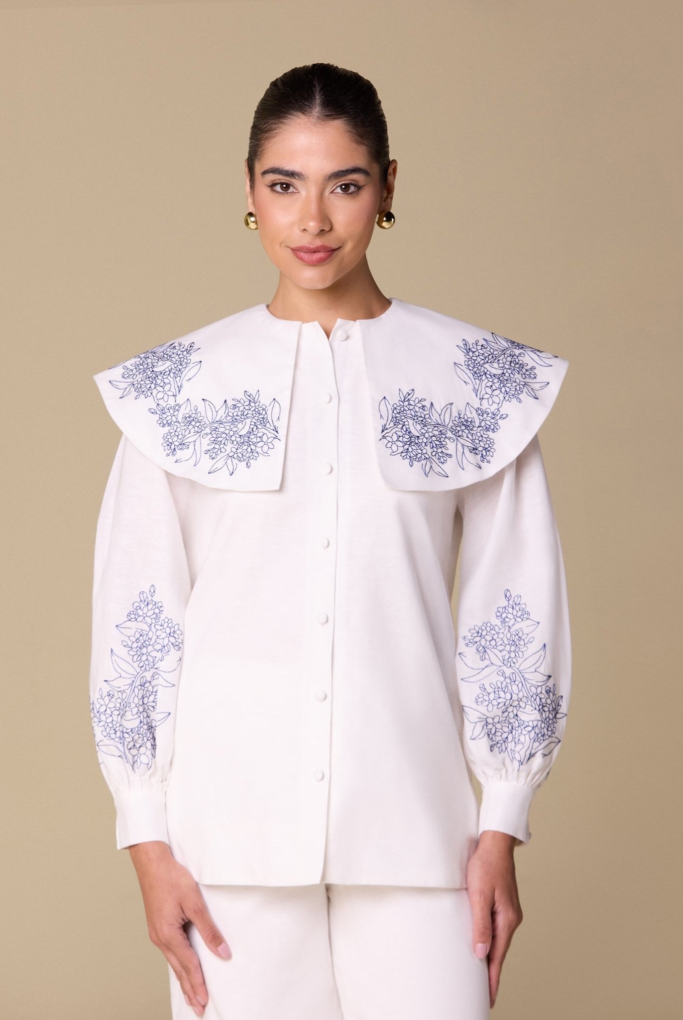 Embroidered Puff Sleeve Linen Top - shopaleena