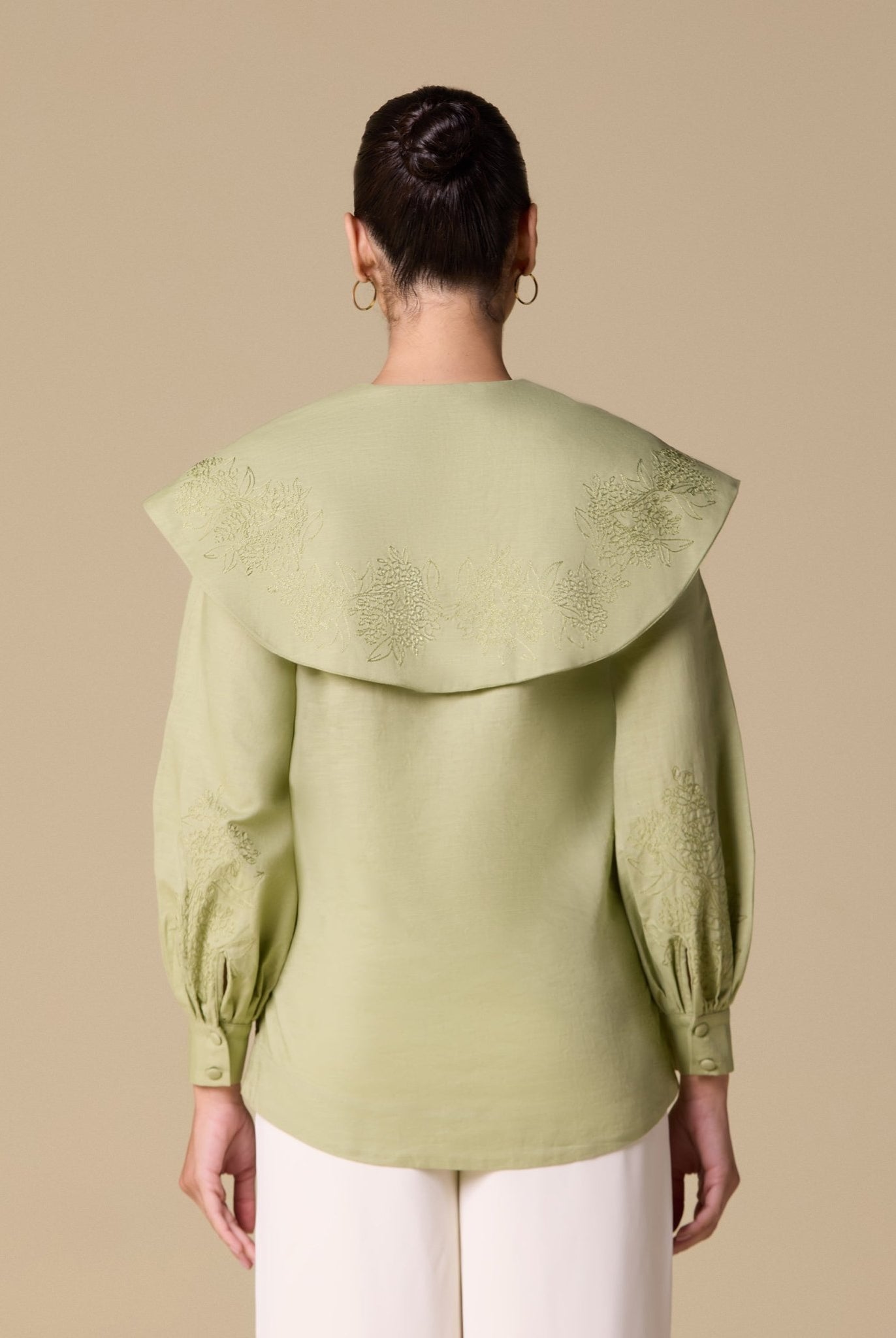 Embroidered Puff Sleeve Linen Top - shopaleena