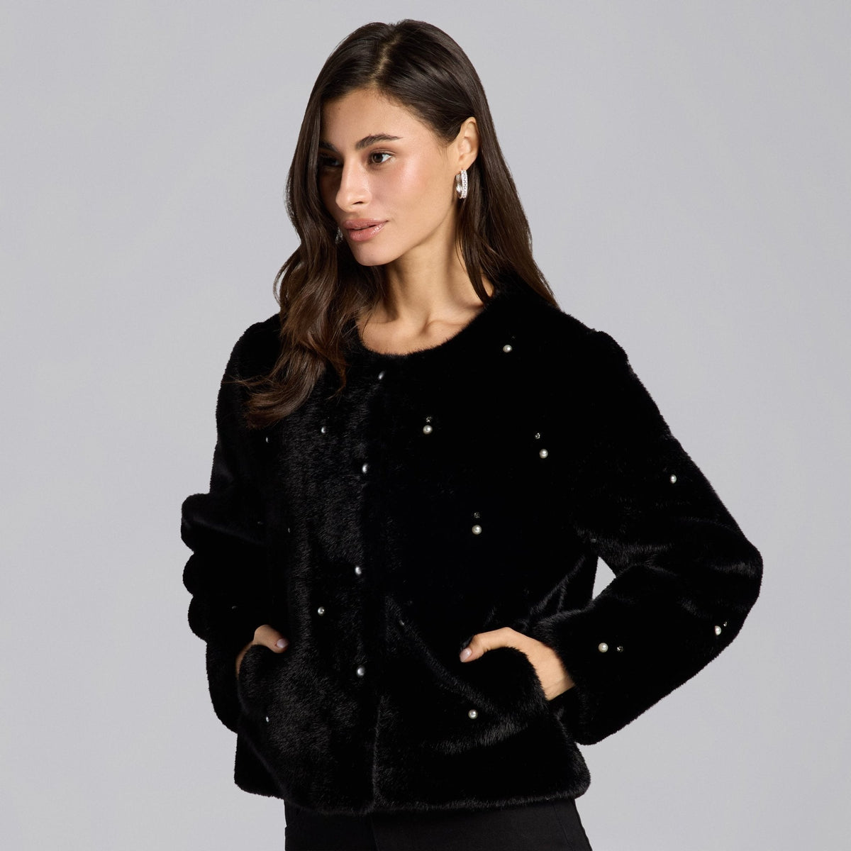 Faux Mink Fur Pearl-Embellished Jacket - shopaleena