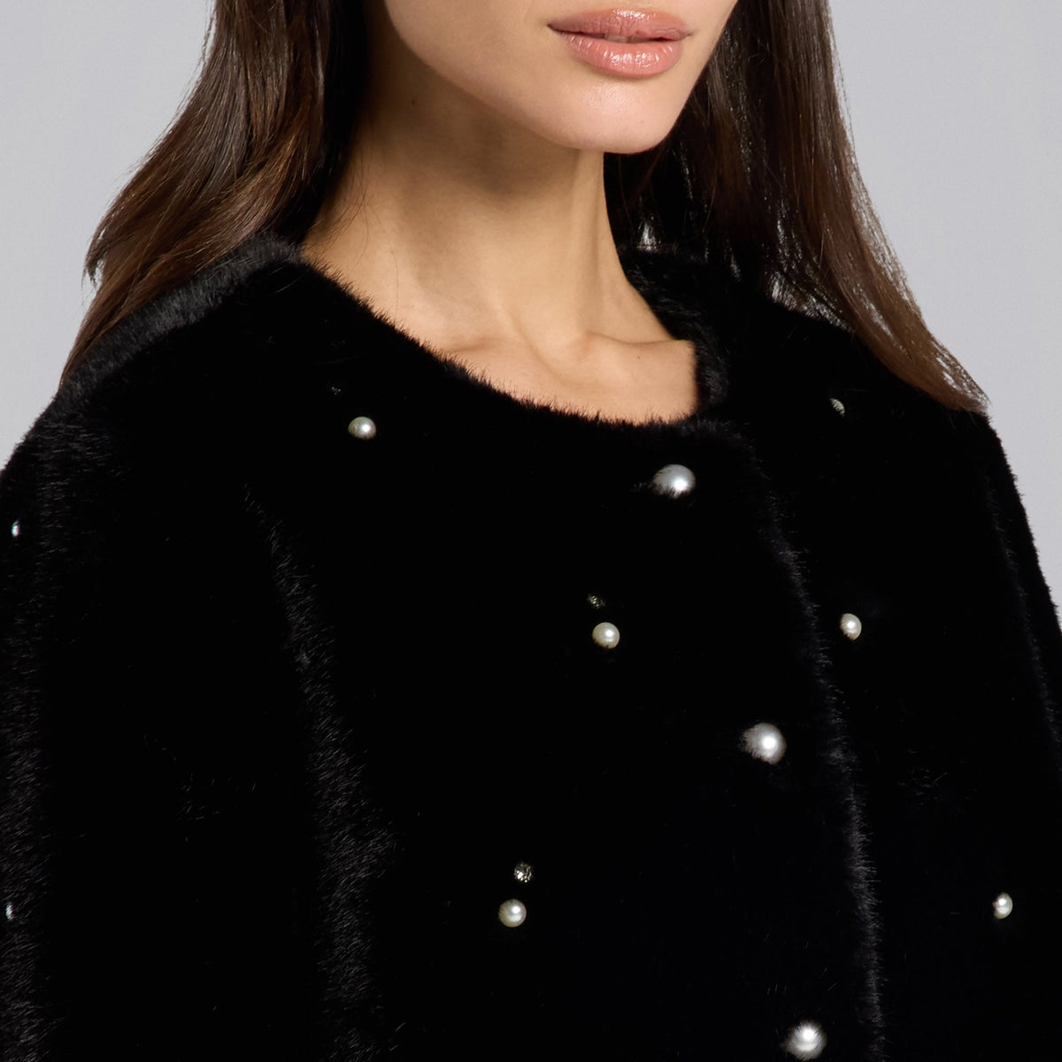 Faux Mink Fur Pearl-Embellished Jacket - shopaleena