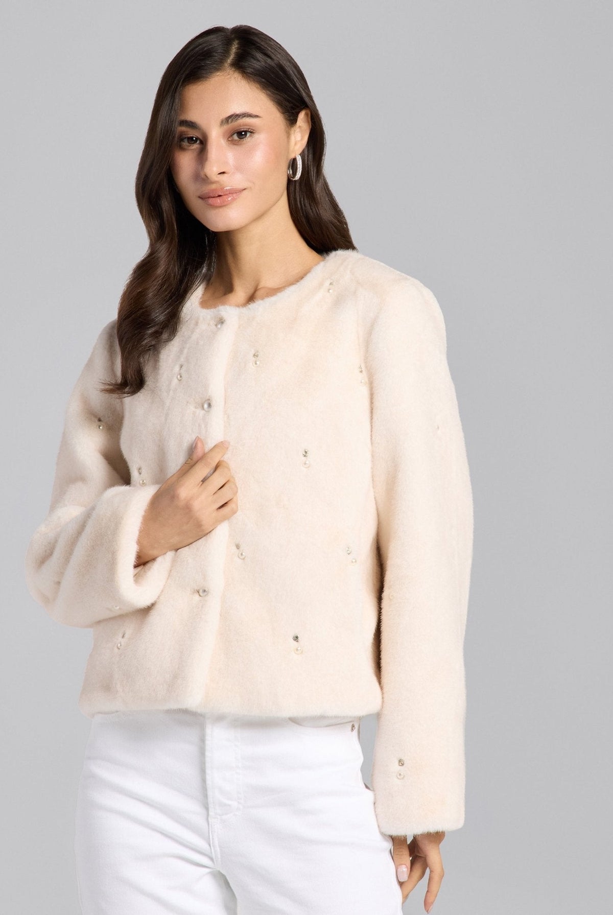 Faux Mink Fur Pearl-Embellished Jacket - shopaleena