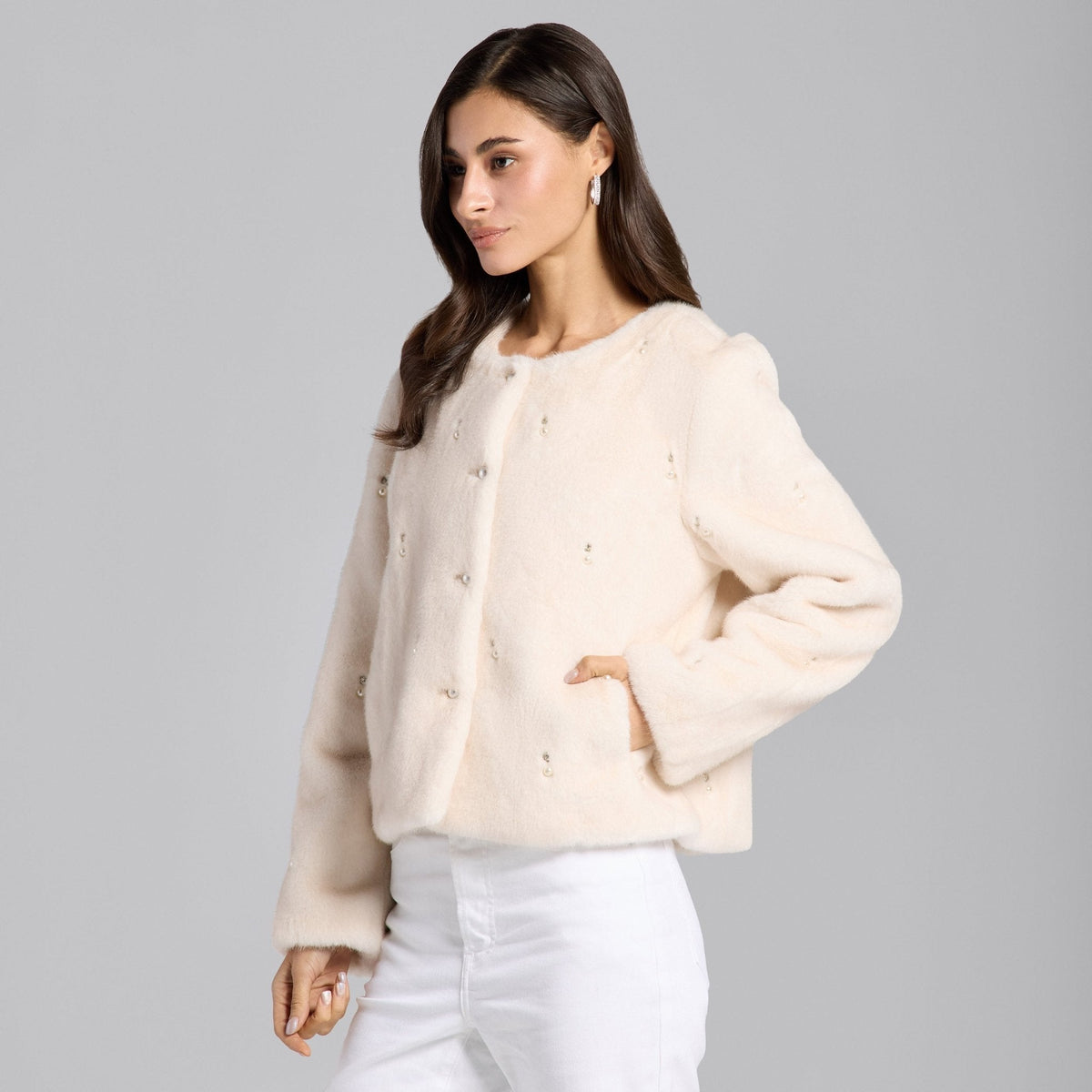 Faux Mink Fur Pearl-Embellished Jacket - shopaleena