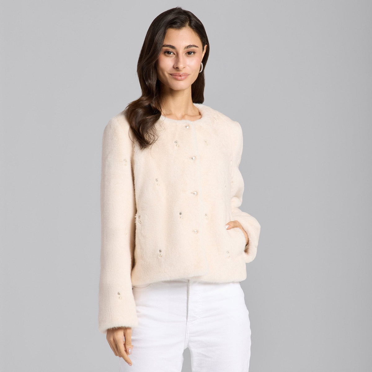 Faux Mink Fur Pearl-Embellished Jacket - shopaleena
