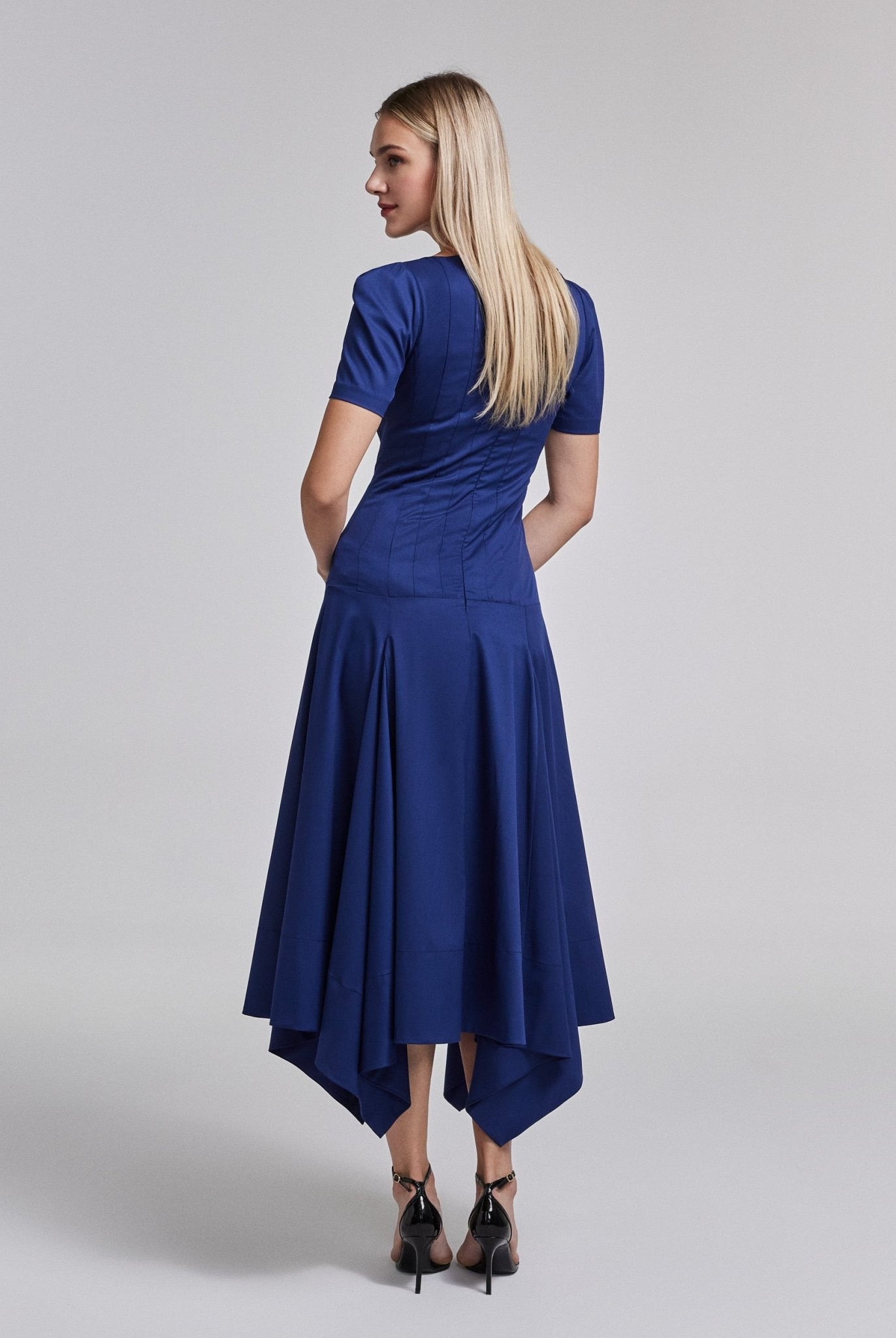 Fitted Waist Flared Twill Midi Dress - shopaleena