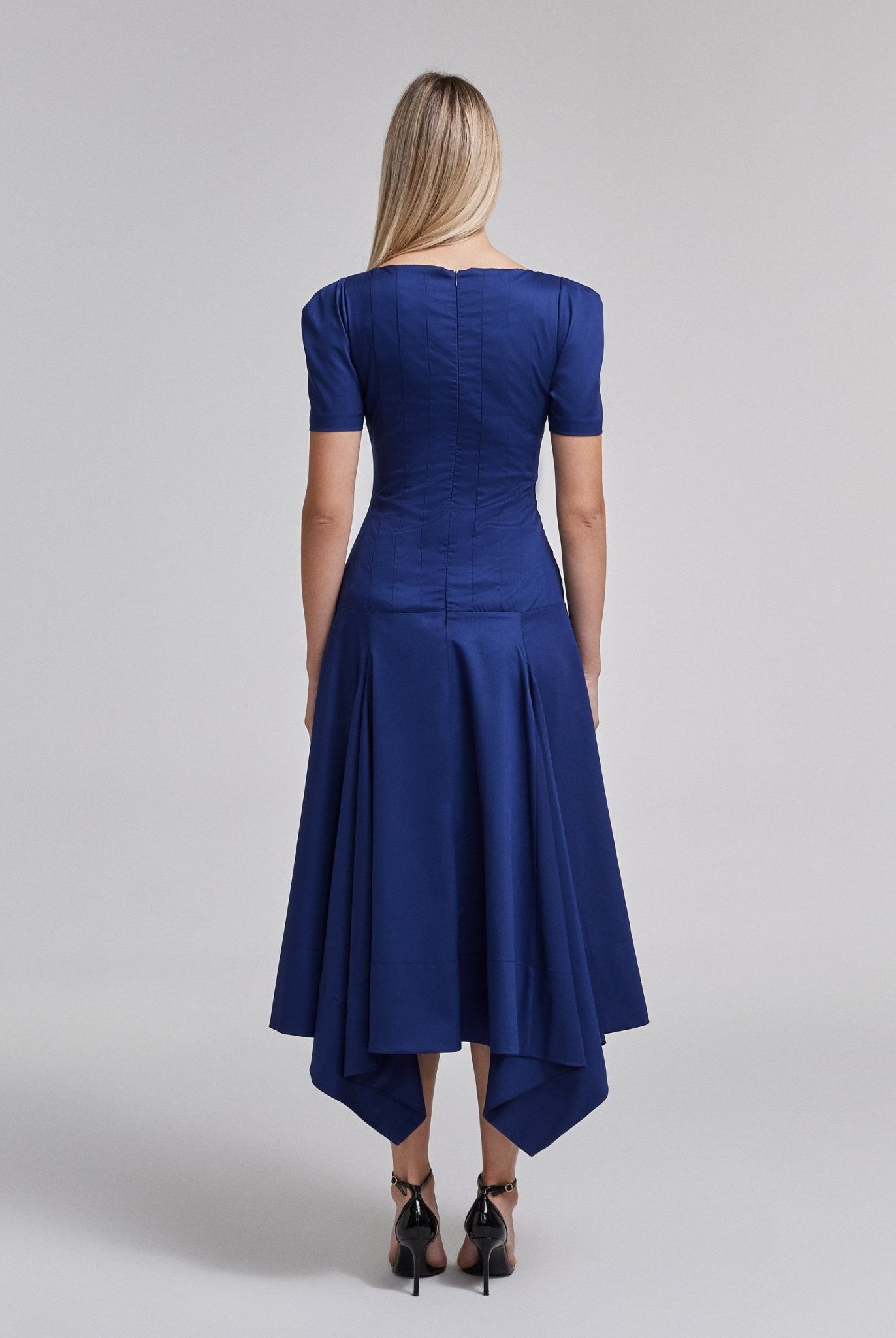 Fitted Waist Flared Twill Midi Dress - shopaleena