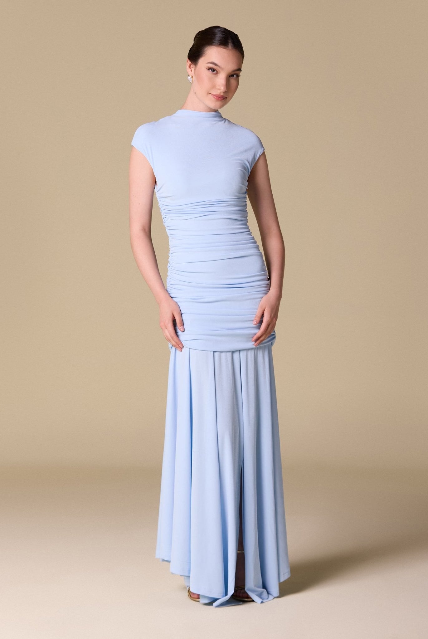 Flared A Line Mock Neck Maxi Dress - shopaleena