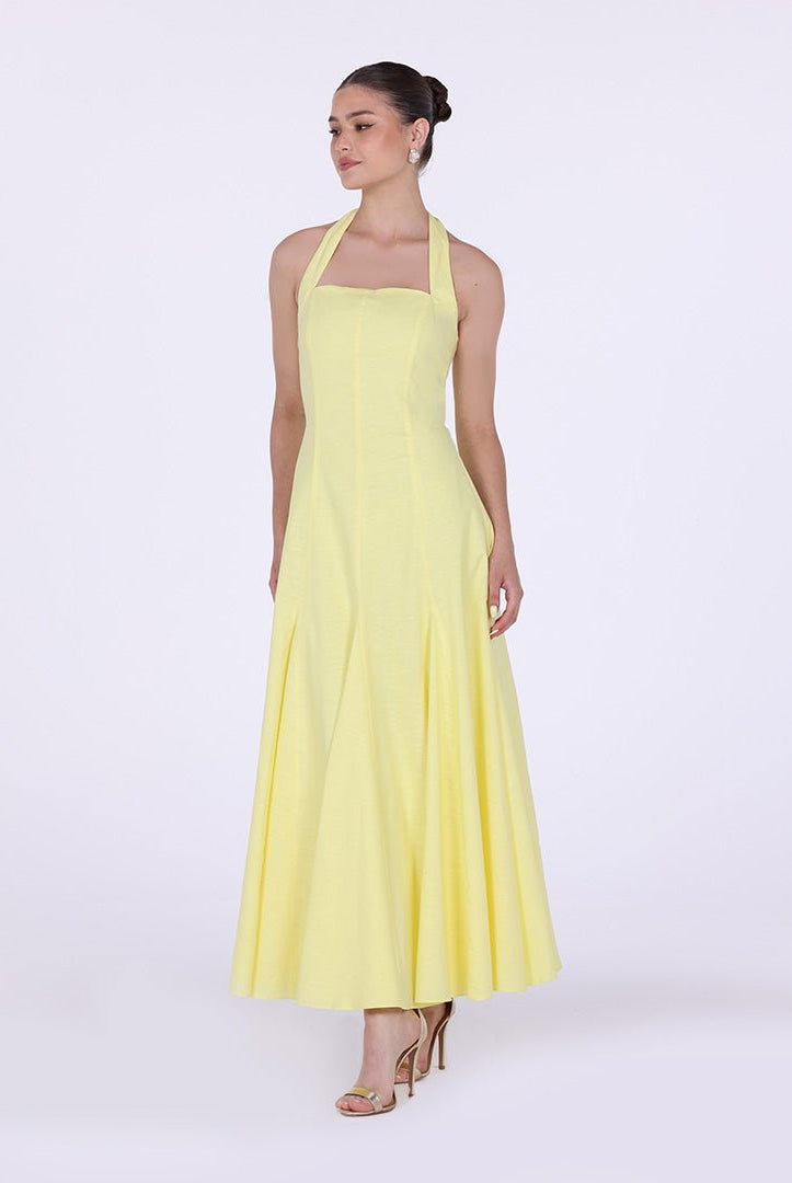 Flared Linen Halter Neck Maxi Dress - shopaleena