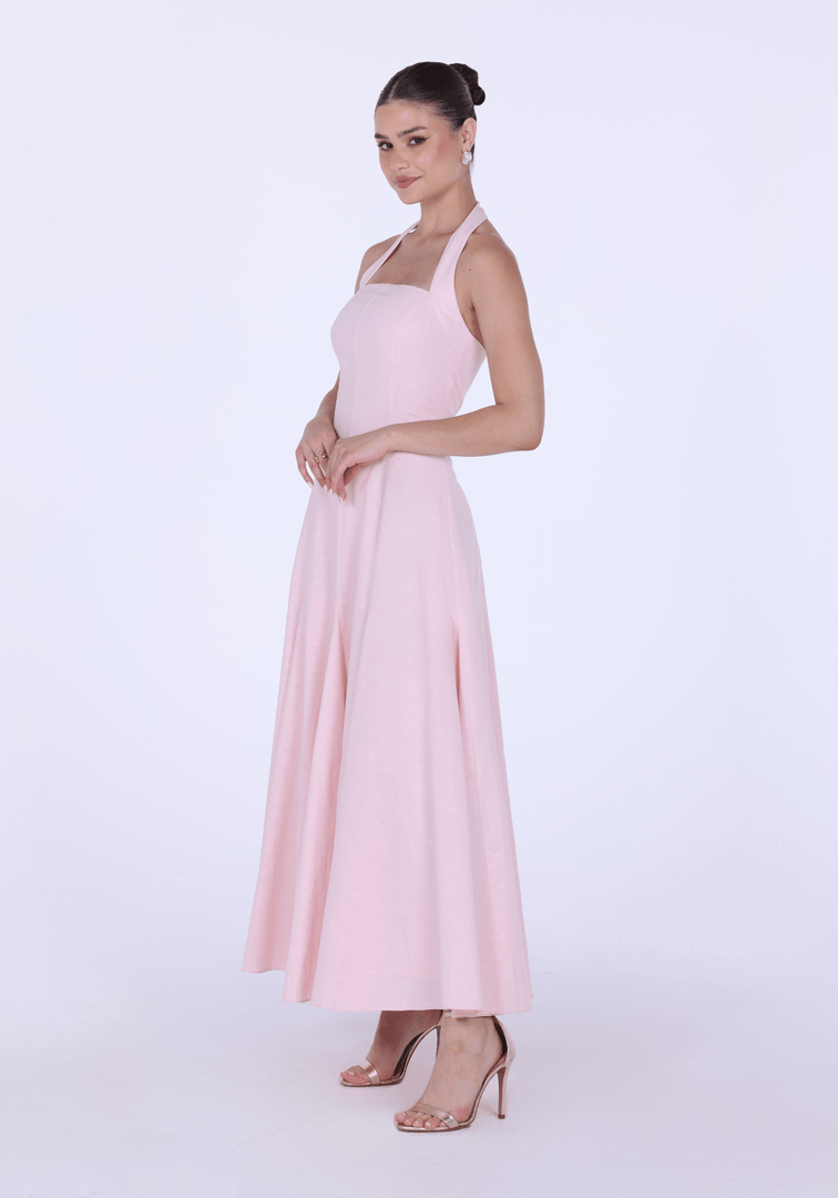 Flared Linen Halter Neck Maxi Dress - shopaleena