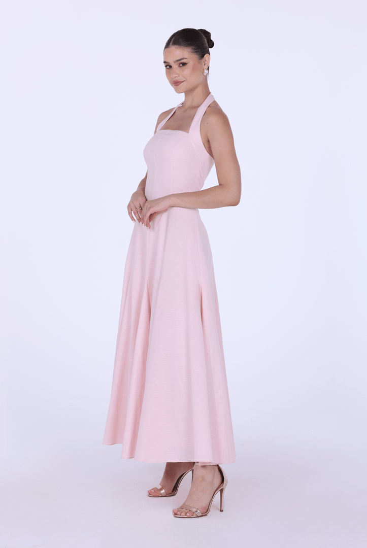 Flared Linen Halter Neck Maxi Dress - shopaleena