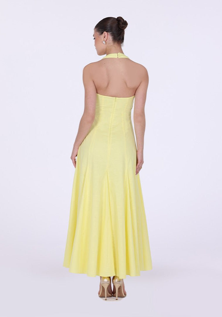 Flared Linen Halter Neck Maxi Dress - shopaleena