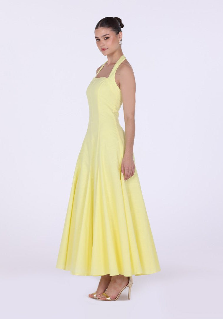Flared Linen Halter Neck Maxi Dress - shopaleena