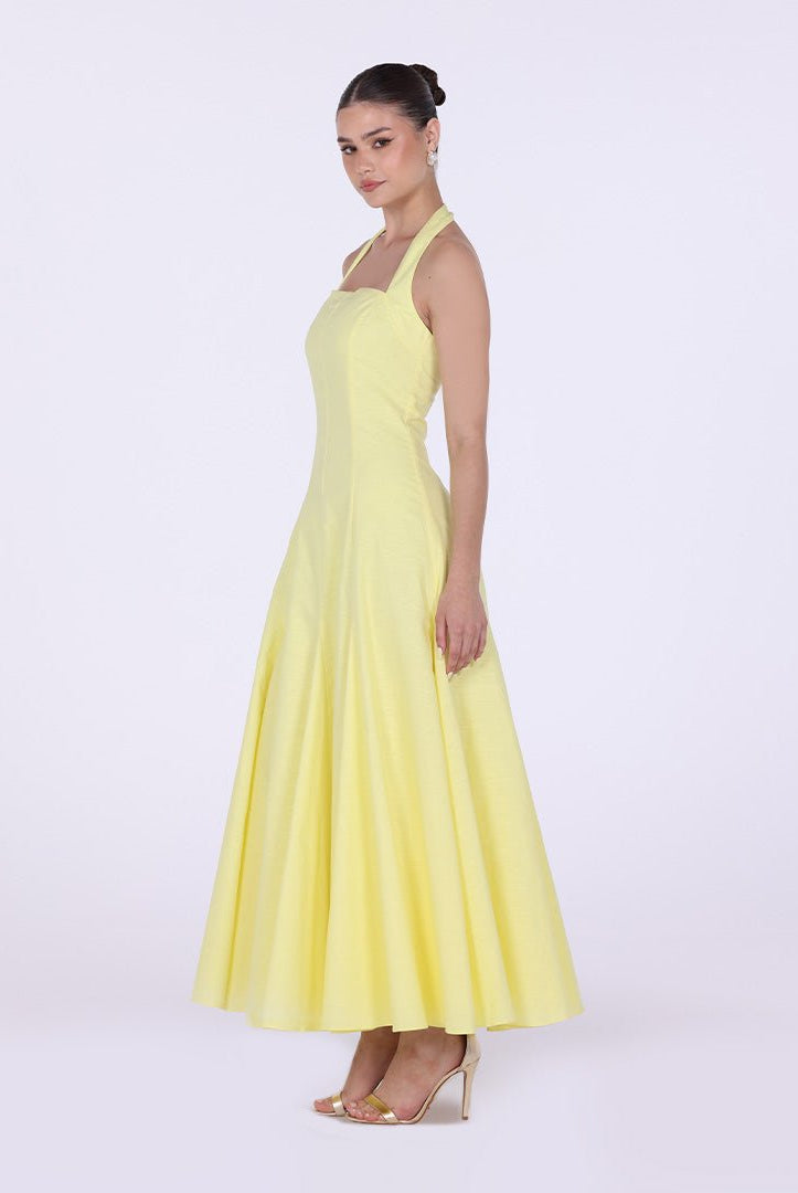 Flared Linen Halter Neck Maxi Dress - shopaleena