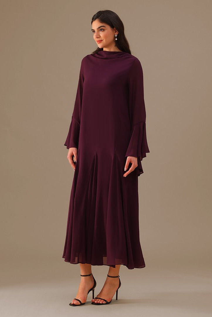 Flared Long Sleeve Chiffon Maxi Dress - shopaleena